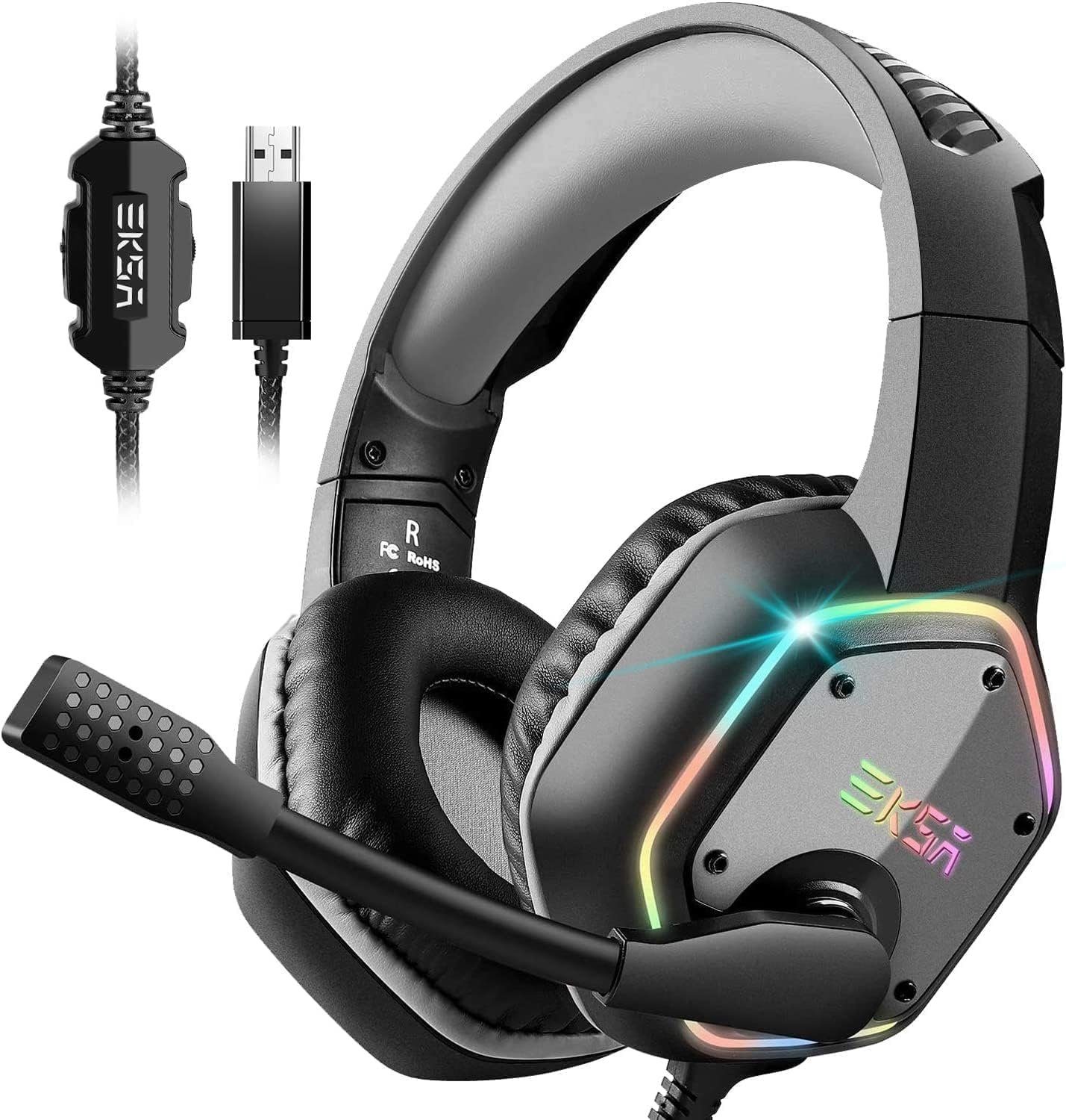 EKSA E1000 Gaming-Headset Zubehör (LED-RGB-Gaming-Headset, USB-Gaming-Headset mit Mikrofon-Rauschunterdrückung 7.1-Surround-Sound) | Kopfhörer