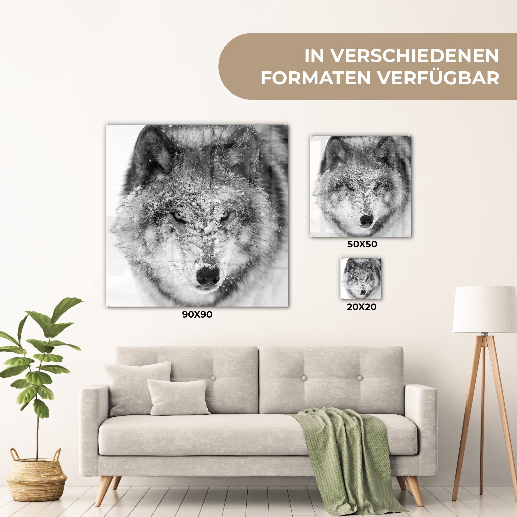 St), Glasbilder Glas Glas mit auf Acrylglasbild - Wolf schwarz-weiß, - MuchoWow Wanddekoration verschneitem (1 in - Bilder Foto Wandbild auf Kopf