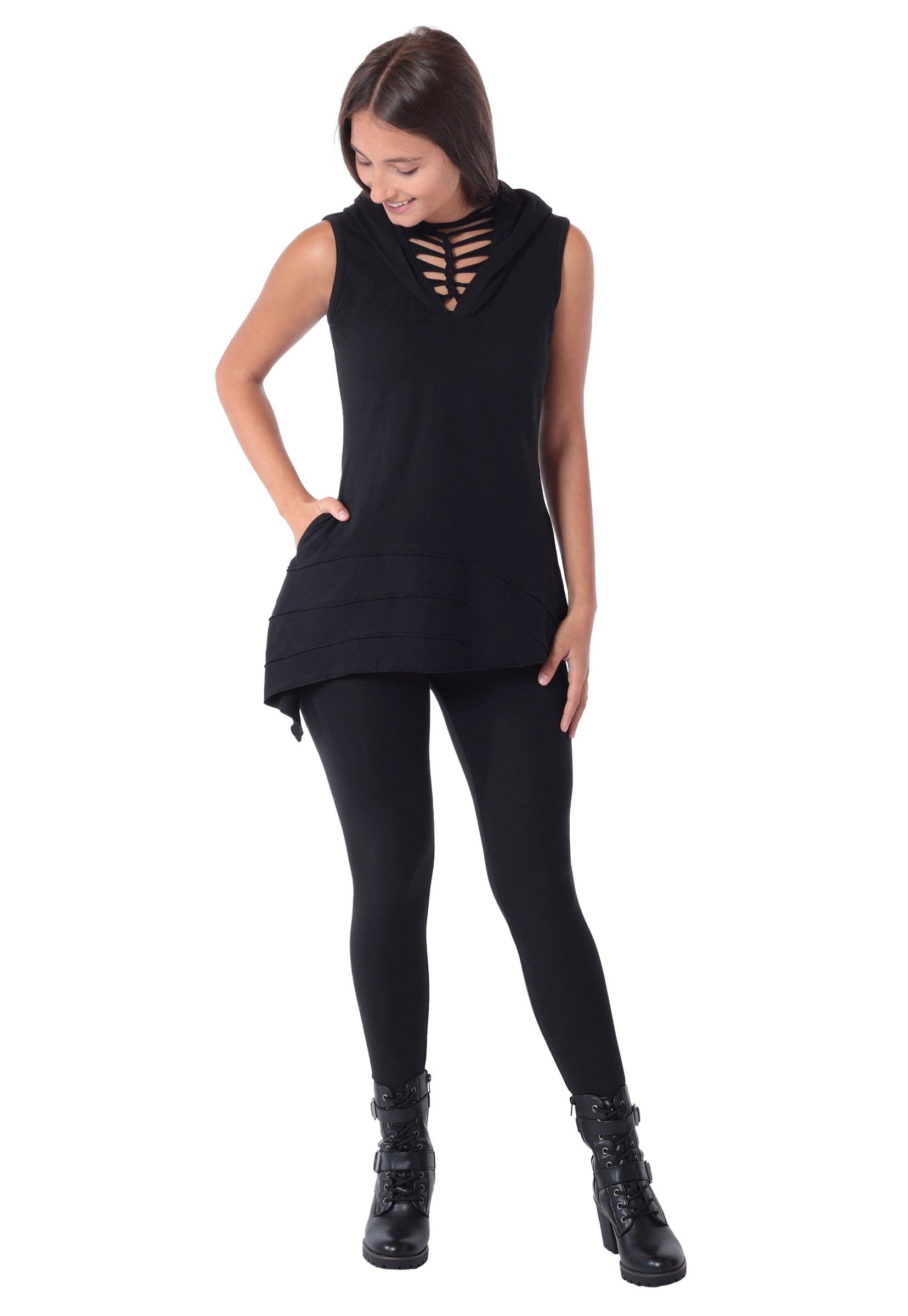 PUREWONDER Tunikakleid Longshirt mit Kapuze, Tunika / Oberteil mit Flechtung Nr. 5 Schwarz L Tunika mit Kapuze