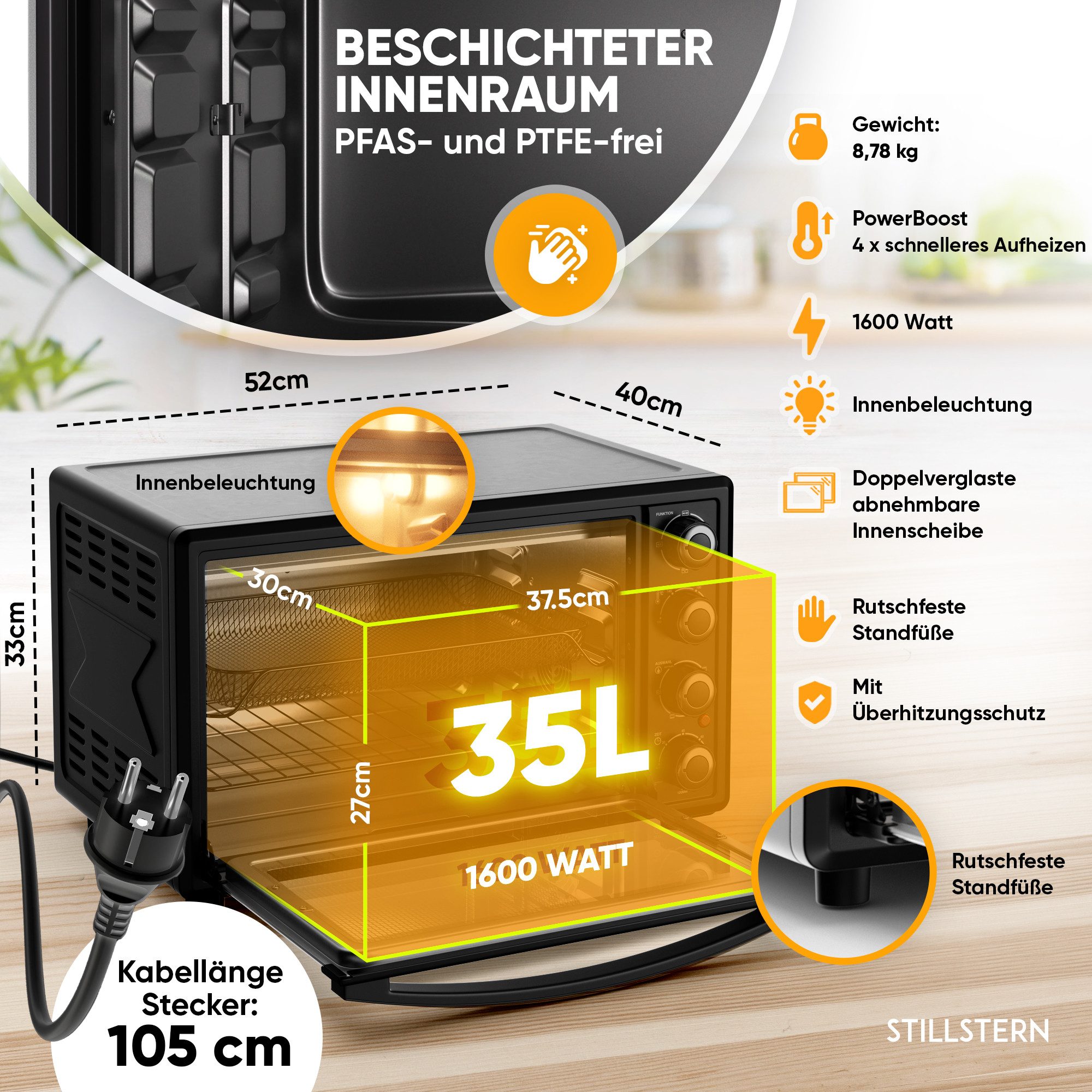 Stillstern Minibackofen MB35-MX 2G (35L) Deutsche Version, Ofenhandschuhe, Rezeptheft, Drehspieß, Timer, Innenbeleuchtung – Bild 4 von 5