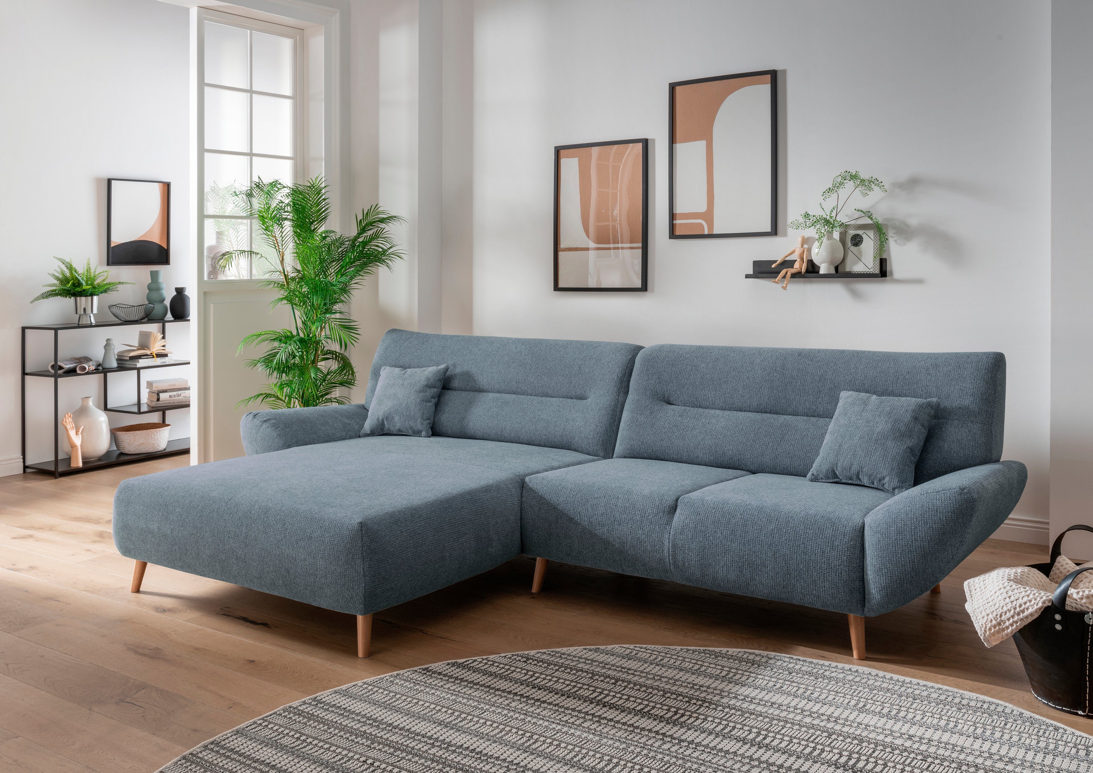 Home affaire Ecksofa Drago, elegant und zeitlos, komfortabel, Holzfuß, L-Form, frei im Raum stellbar, inkl. 2 Zierkissen