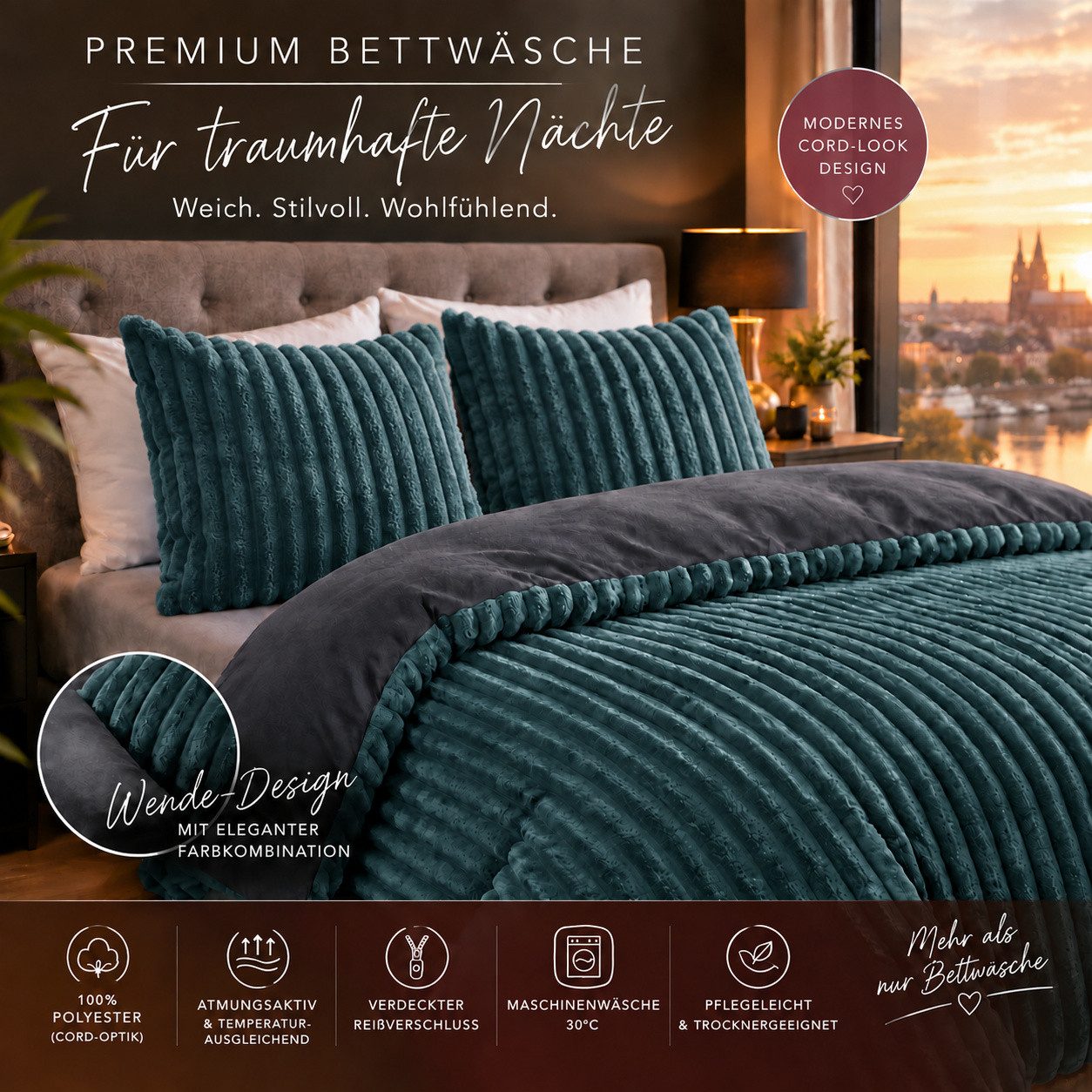 Leonado Vicenti Bettwäsche CORD Optik, Teddy Plüsch, Cashmere Touch, Fleece, 3 teilig, Winter, Wendeseite Anthrazit, flauschig, warm, Nicky-Plüsch – Bild 3 von 5