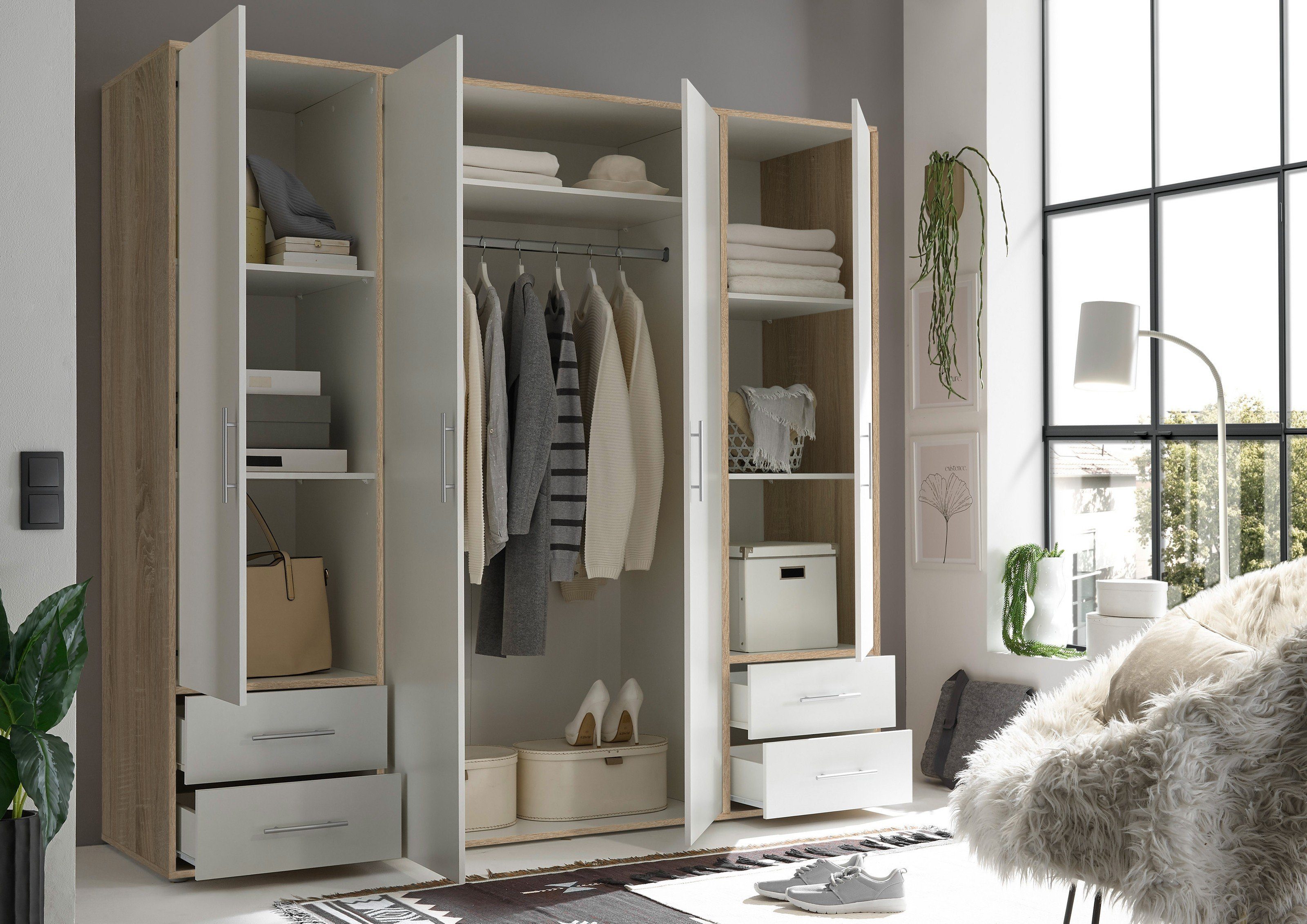 Pol-Power Kleiderschrank in Sonoma Eiche / Weiß mit 4 Schubladen und 4 Türen (BxHxT: 206x195x60 cm)