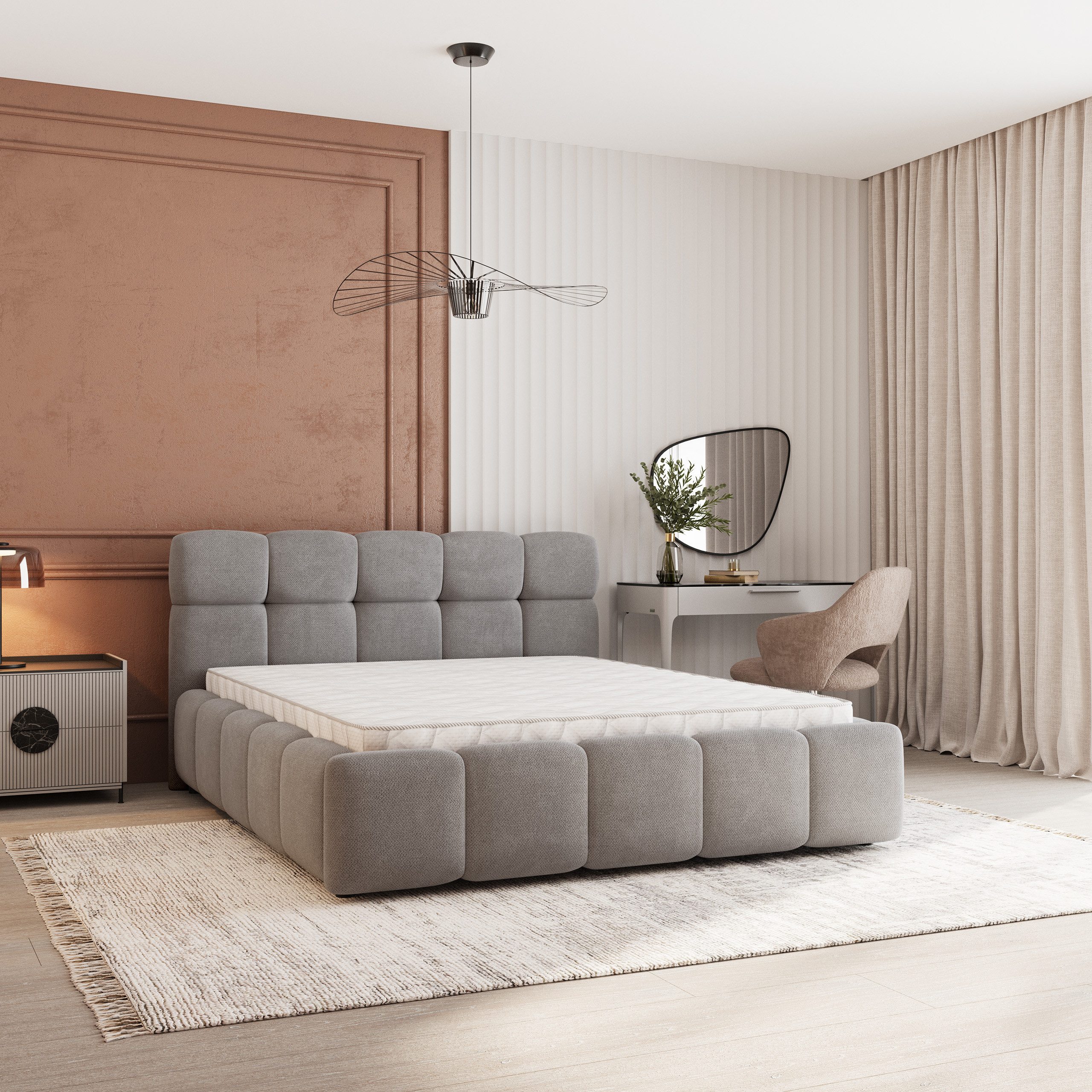 Masseno Polsterbett FARU 180x200 cm grau (mit Bettkasten und Lattenrost)