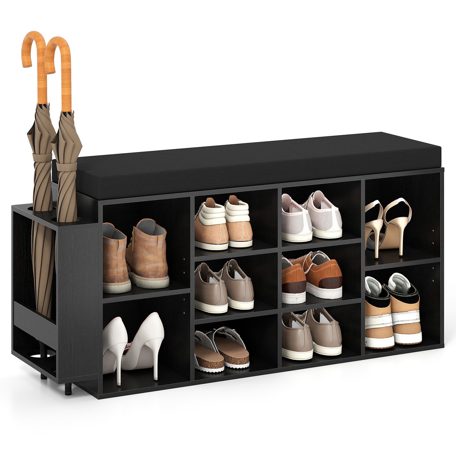 COSTWAY Schuhbank, mit Schirmhalter & gepolsterter Sitzfläche Schuhregal 110cm