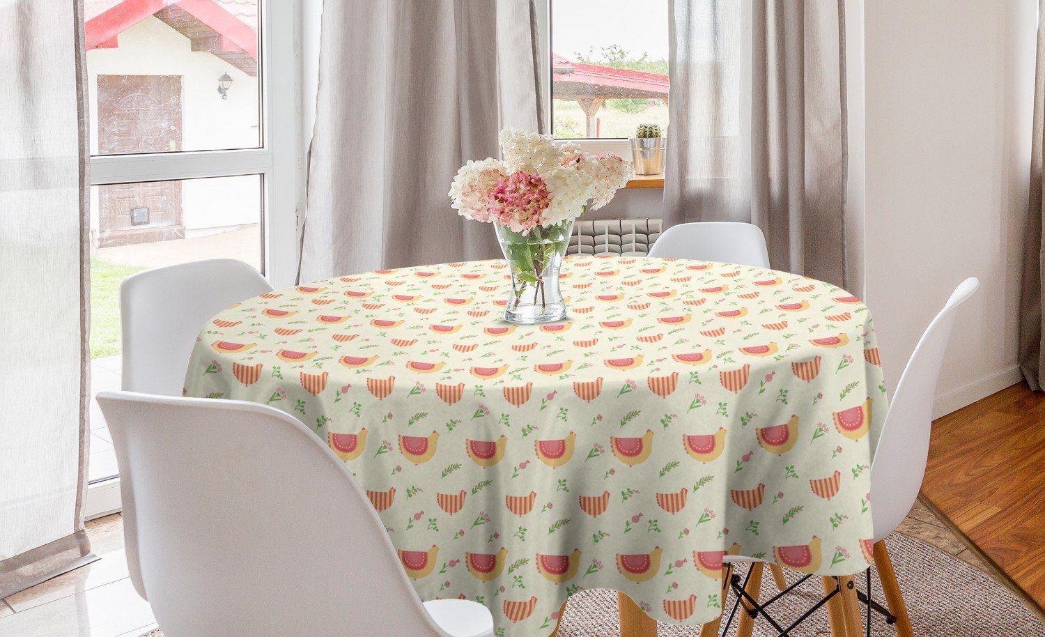 Abakuhaus Tischdecke Kreis Tischdecke Abdeckung für Esszimmer Küche Dekoration, Hahn Ostern-Hennen und Blumen