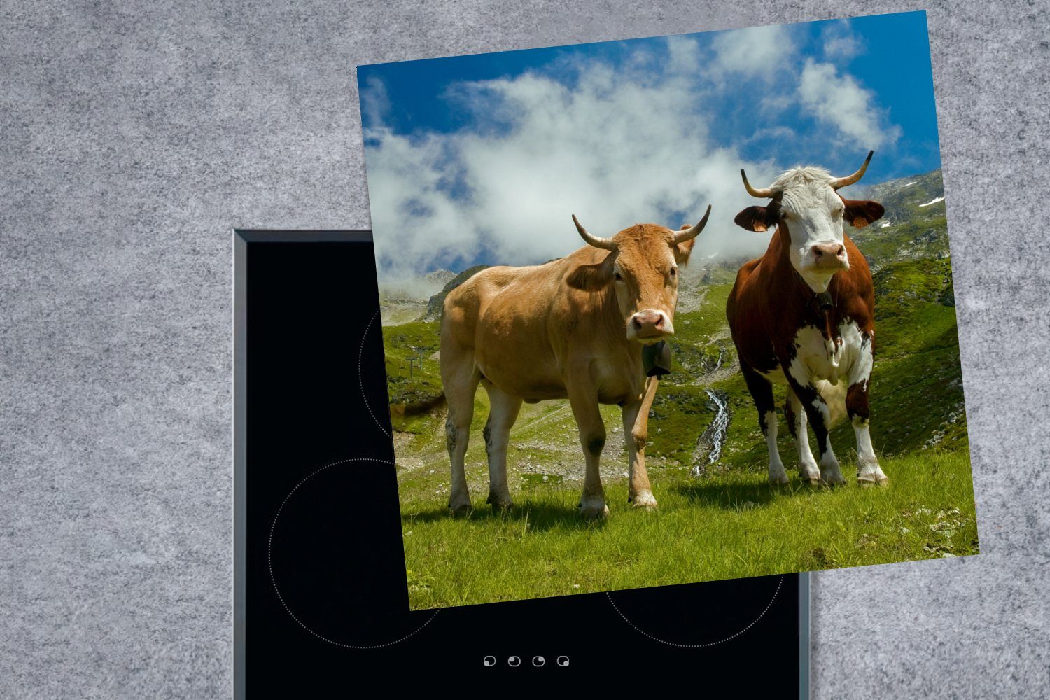 MuchoWow Herdblende-/Abdeckplatte Alpen - Kühe cm, (1 Ceranfeldabdeckung, Gras, 78x78 für küche Vinyl, tlg), - Arbeitsplatte
