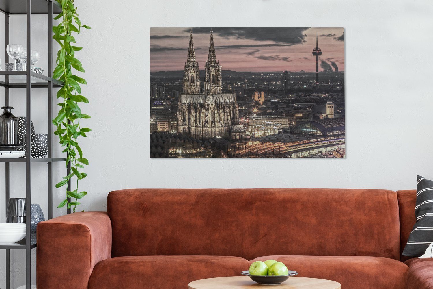OneMillionCanvasses® Leinwandbild Der gotische Dom in XXL, St), Köln, alle (1 Wandbild Wohnbereiche, Dämmerung großes, in cm Gemälde, für der 120x80