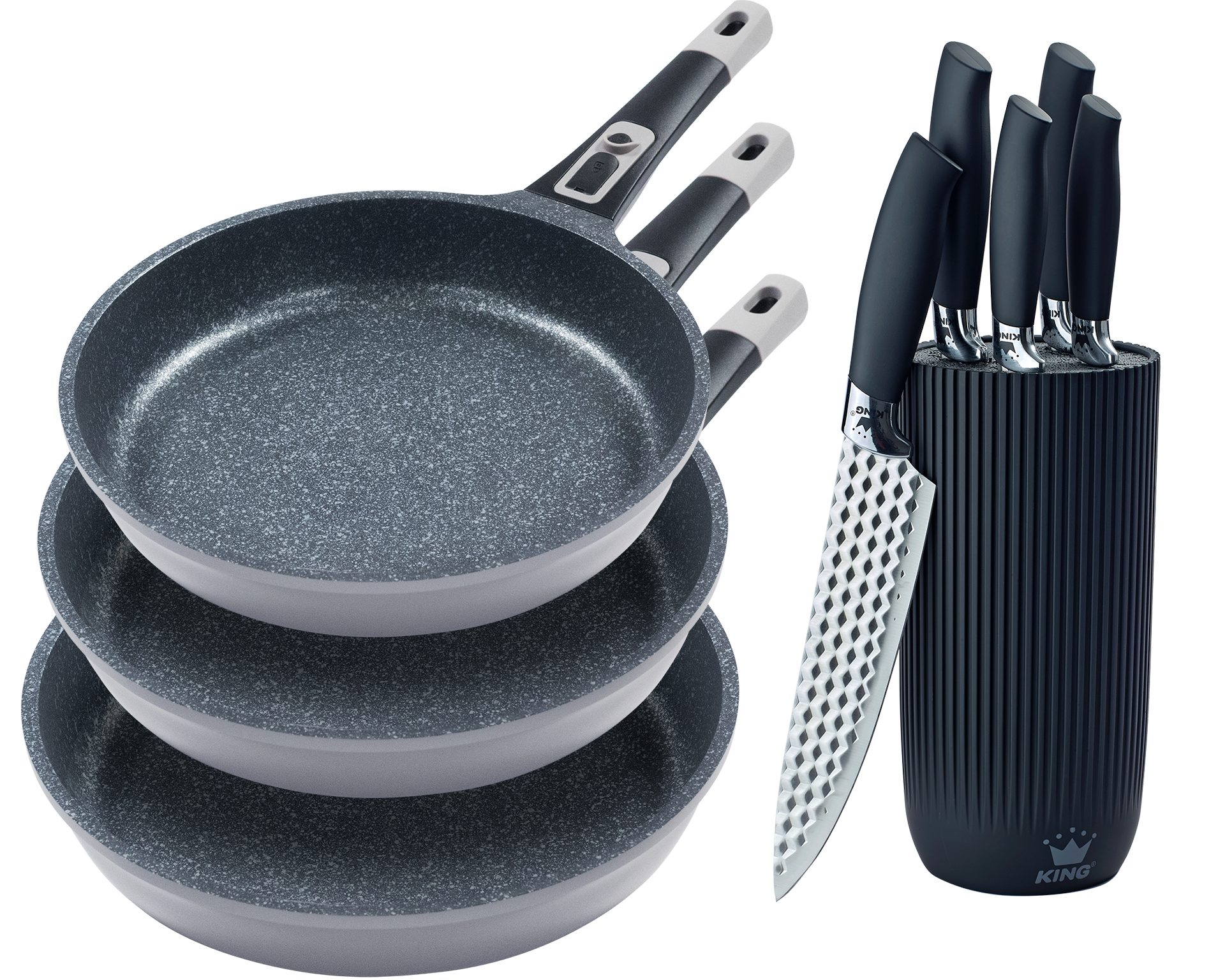 KING Pfannen-Set »Moonscape 3er«, inkl. Messer-Set, Aluminiumguss (Set, 9-tlg., 3 Pfannen, 5 Küchenmesser, 1 Messerblock), Induktion, abnehmbarer Griff, MOONSCAPE-Beschichtung