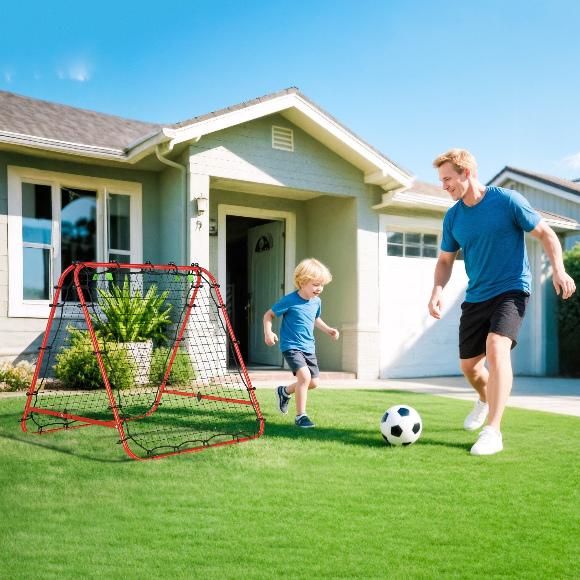 HOMCOM Rebounder 2-seitige Prellwand mit 5 Winkelpositionen, Rückprallwand Netz, (Kickback Tor, 1-St., Fußball Rebounder), für Fußball Training Stahl Rot100 x 95 x 90 cm