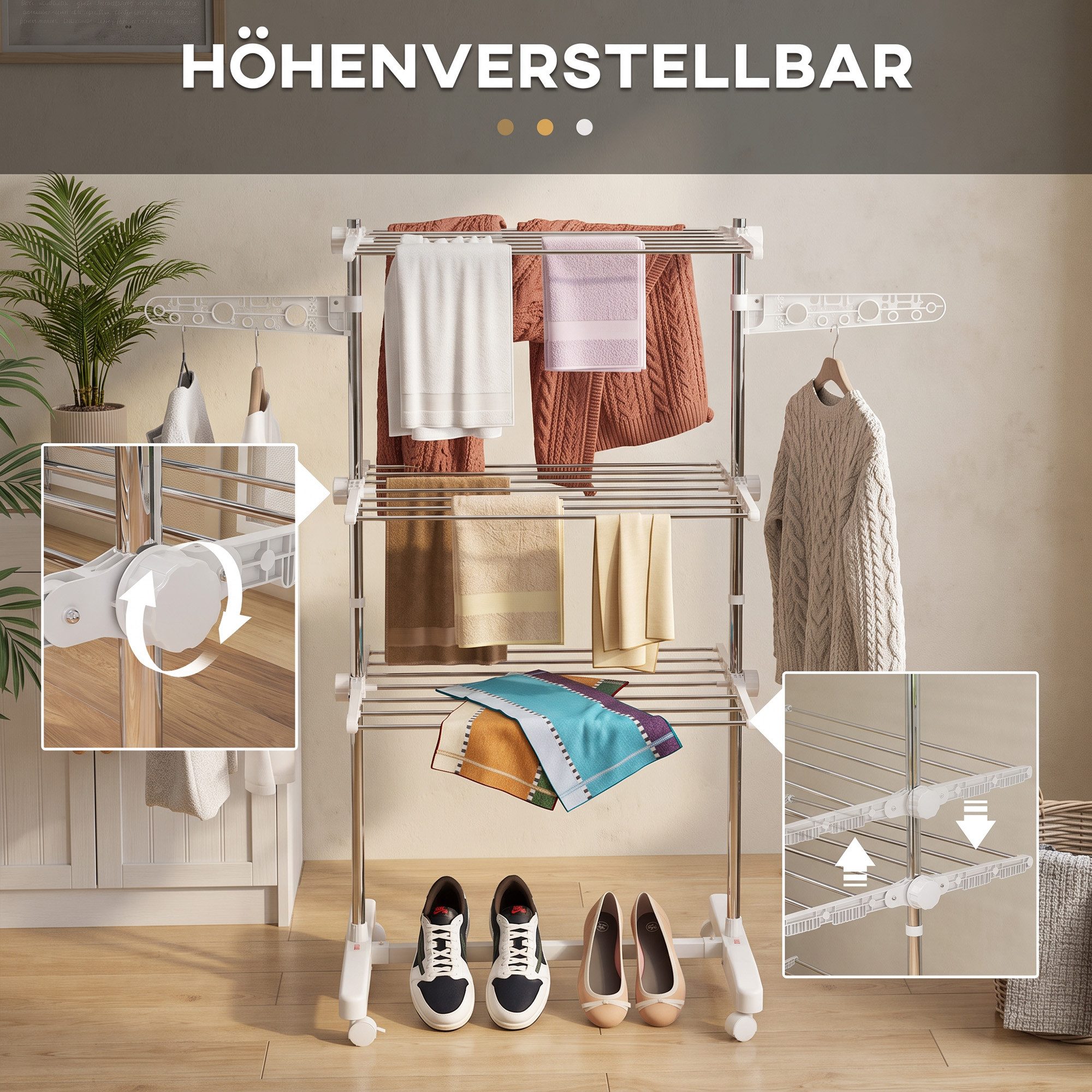 HOMCOM Wäscheständer Turm Standtrockner mit 3 Ebenen, klappbare Flügel, Rollen, für Indoor, Outdoor, Stahl Weiß 80,142 x 55 x 152 cm – Bild 4 von 5