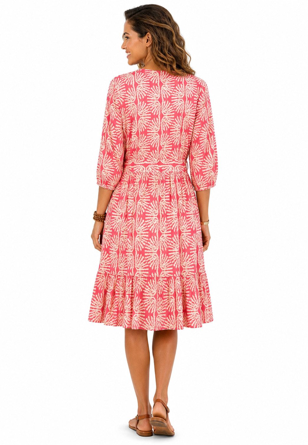 SUBLEVEL Sommerkleid Sommerkleid mit Print und Gürtel Freizeitkleid 3/4 Arm Kleid Volant