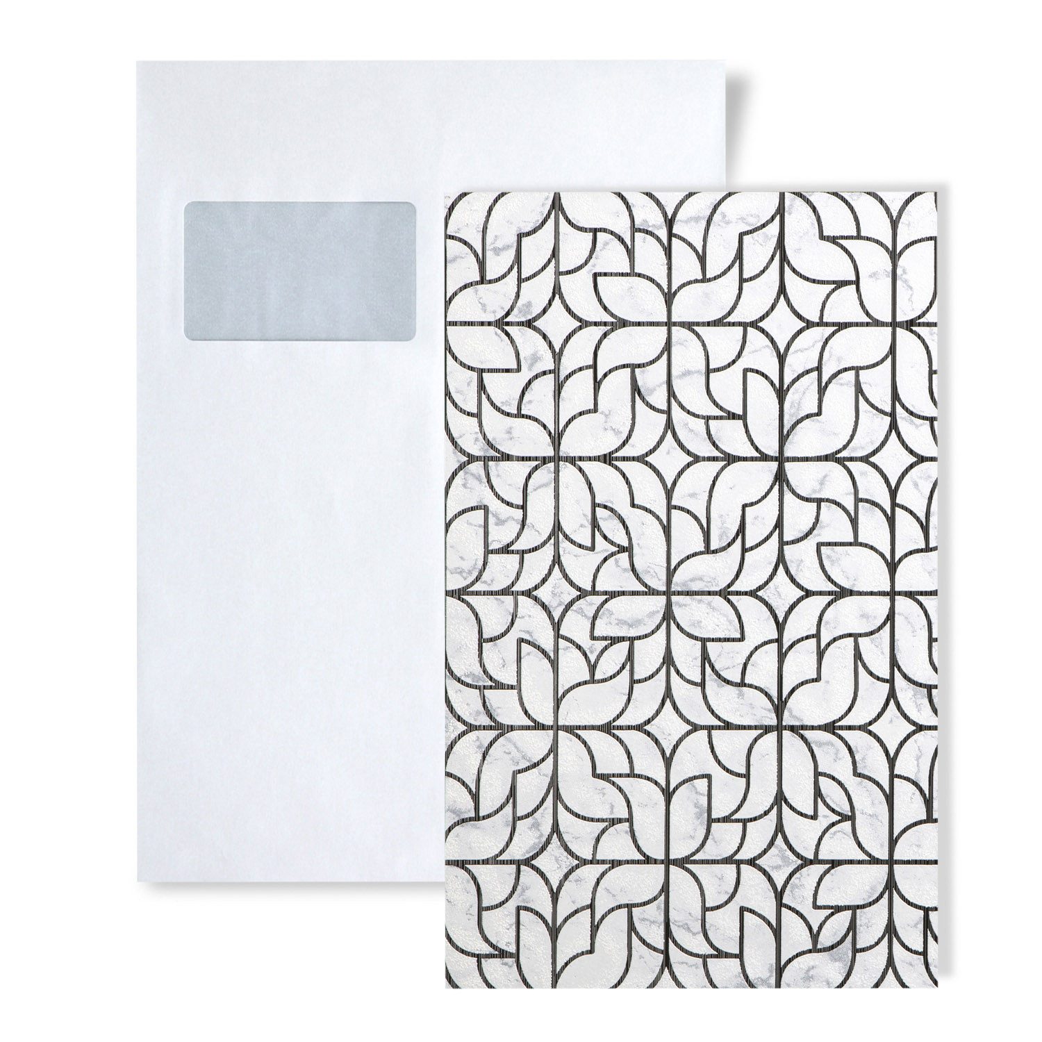 Edem Papiertapete 1 MUSTERSTÜCK S-85074BR30 DIN A4 MUSTER der grafischen Tapete, glänzend, grafisch, ornamental, (1 Musterblatt, ca. A5-A4), weiß, hell-grau, schwarz, silber