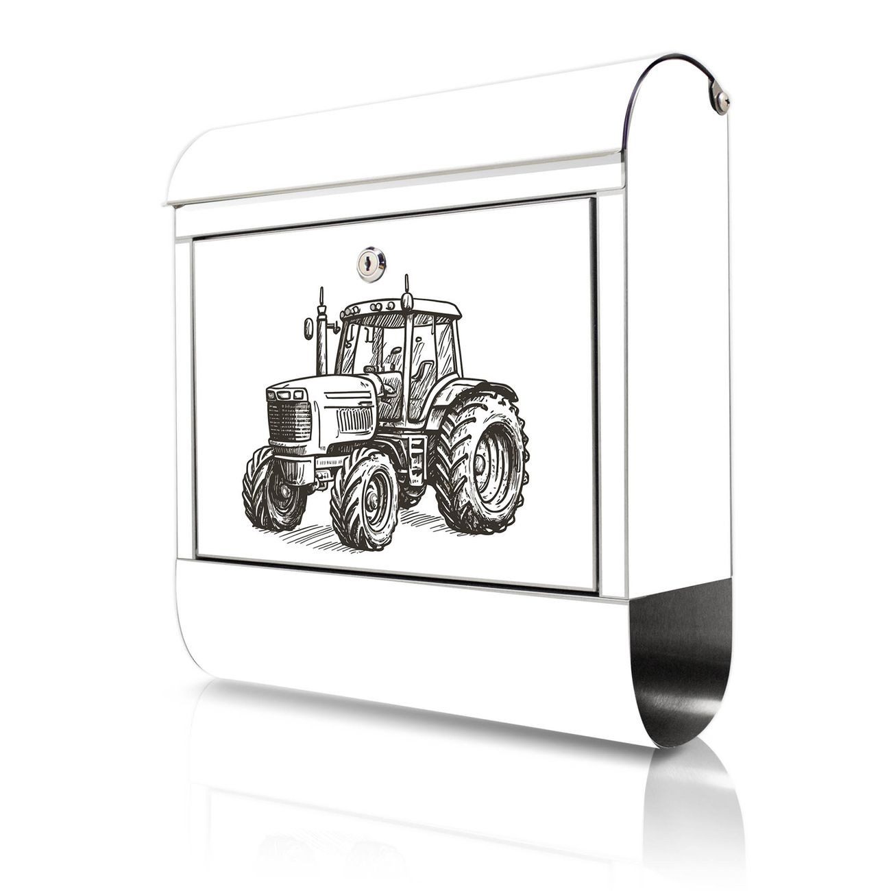 banjado Wandbriefkasten Edelstahl mit Motiv Historischer Traktor (Wandbriefkasten groß, mit Zeitungsfach), 38 x 42,5 x12 cm