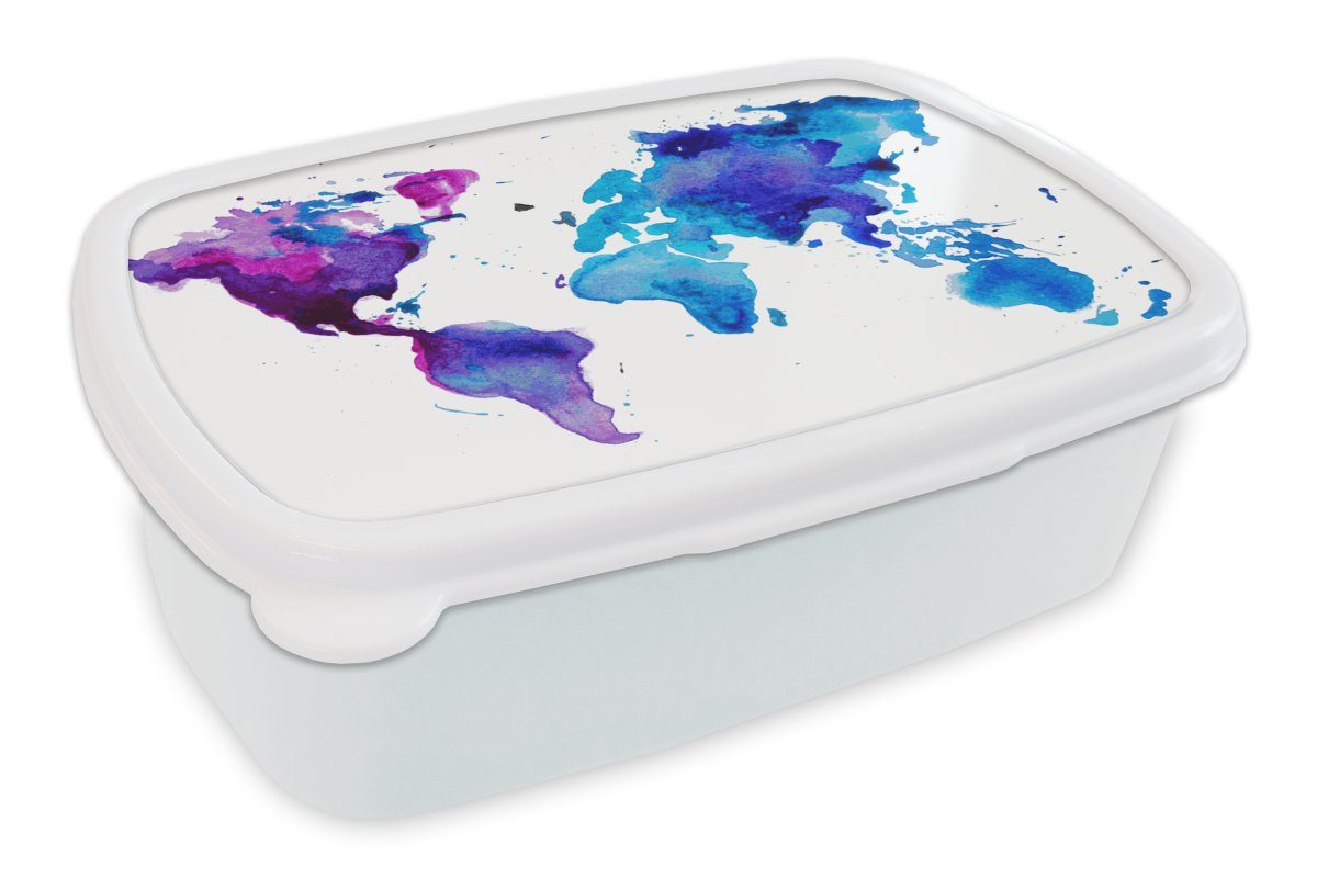 MuchoWow Lunchbox Weltkarte - Aquarell - Lila - Kinder - Jungen - Mädchen, Kunststoff, (2-tlg), Brotbox für Kinder und Erwachsene, Brotdose, für Jungs und Mädchen weiß | Lunchboxen
