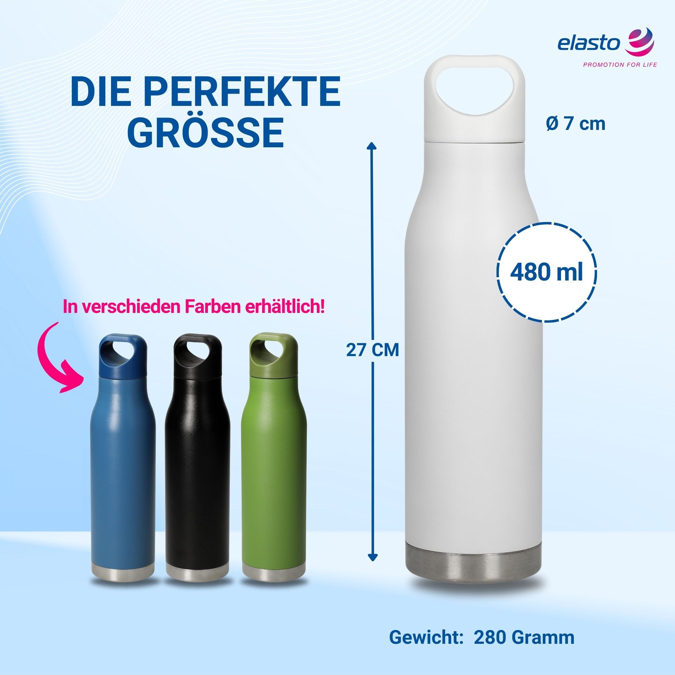 elasto Trinkflasche 480 ml Vakuumflasche "Orlando" Wasserflasche aus Edelstahl, Isolierflasche, Schule, Sport, Arbeit, Bottle, Kinder & Erwachsene