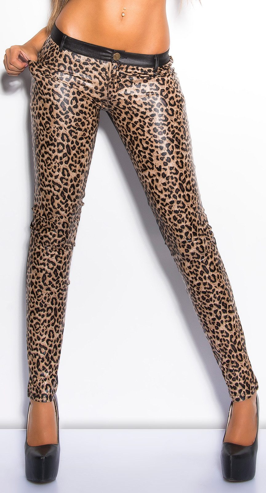 Koucla 5-Pocket-Hose sexy wetlook skinny black leder look mit Leo Print