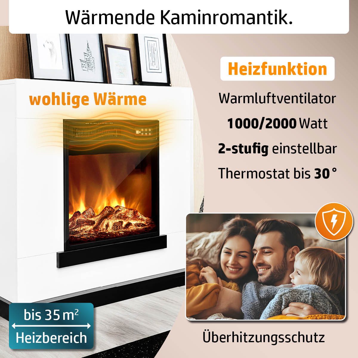 AMBINESS Elektrokamin 2 Heizstufen, 900W - 2000W, LED - 3D Flammeneffekt mit Farbwechsel, inkl. Fernbedienung Timer & Thermostat