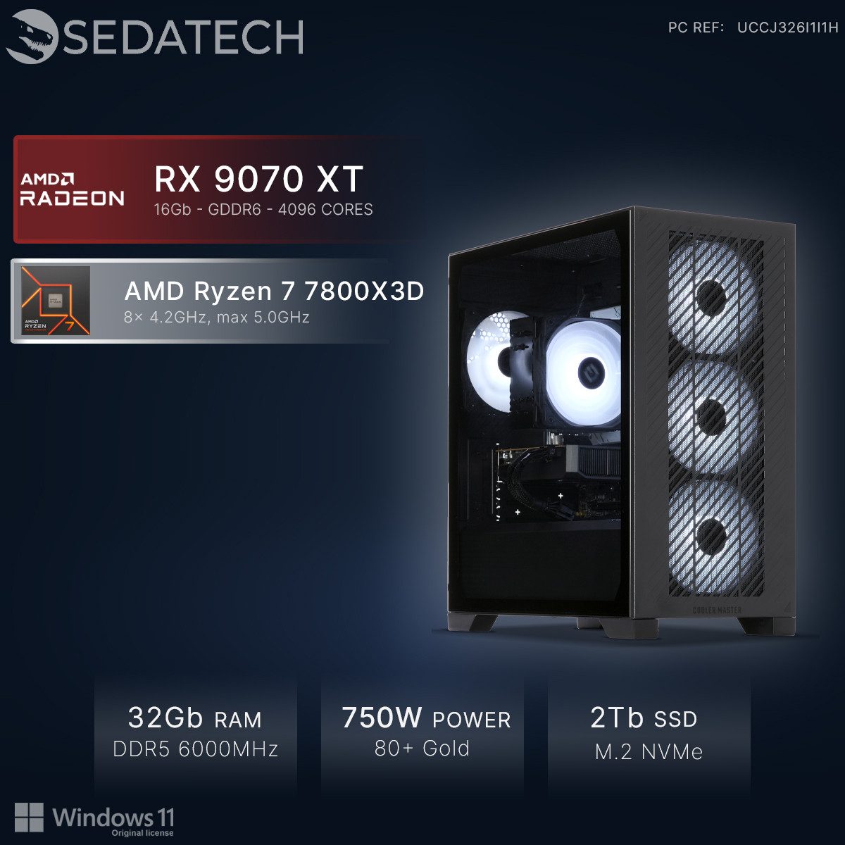 Sedatech UCCJ326I1I1HF - Gaming-PC (AMD Ryzen 7 7800X3D 8x 4.2GHz (max 5.0GHz), Radeon RX 9070 XT 16GB, 32 GB RAM, 2000 GB SSD, Wlan 6E)