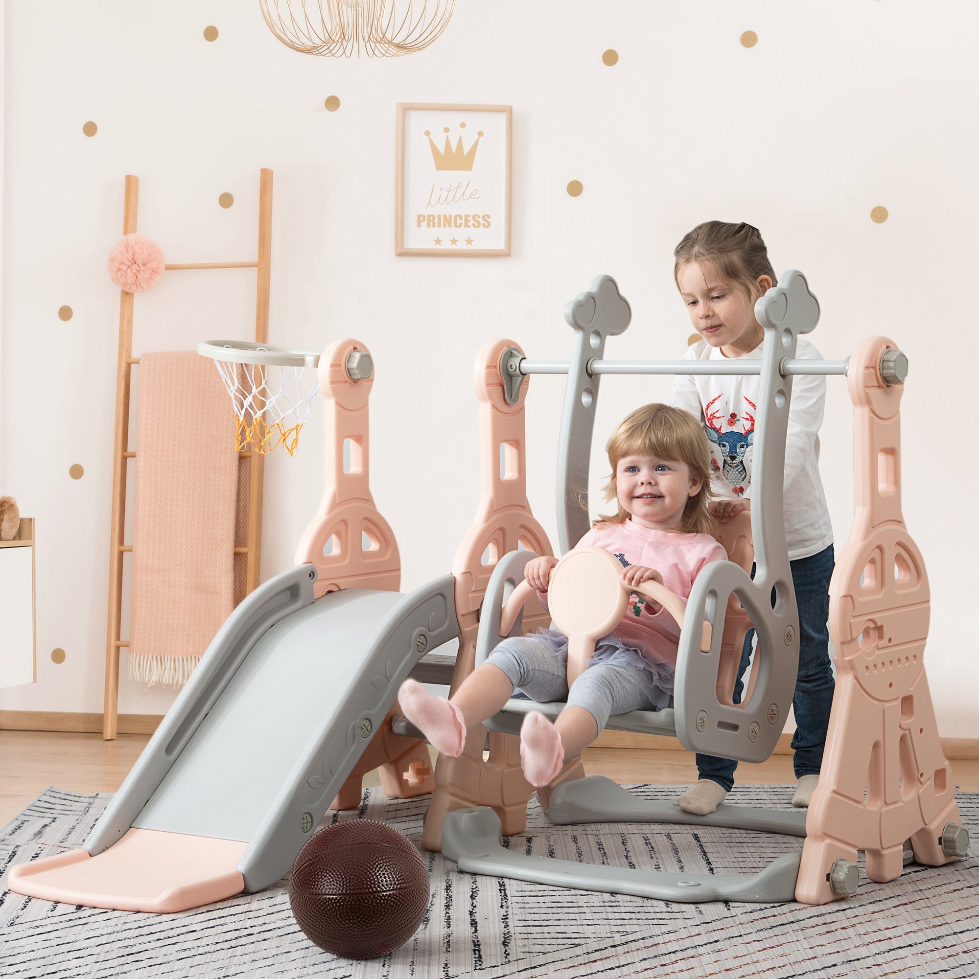 REDOM Indoor-Rutsche 4 Rutsche mit Gartenrutsche Outdoor Pink Rutschbahn), für 1 1-6 Fun-Slide & mit Basketballkorb, Jahre Rutsche Schaukel Indoor Kinderrutsche (Schaukel in Kinder