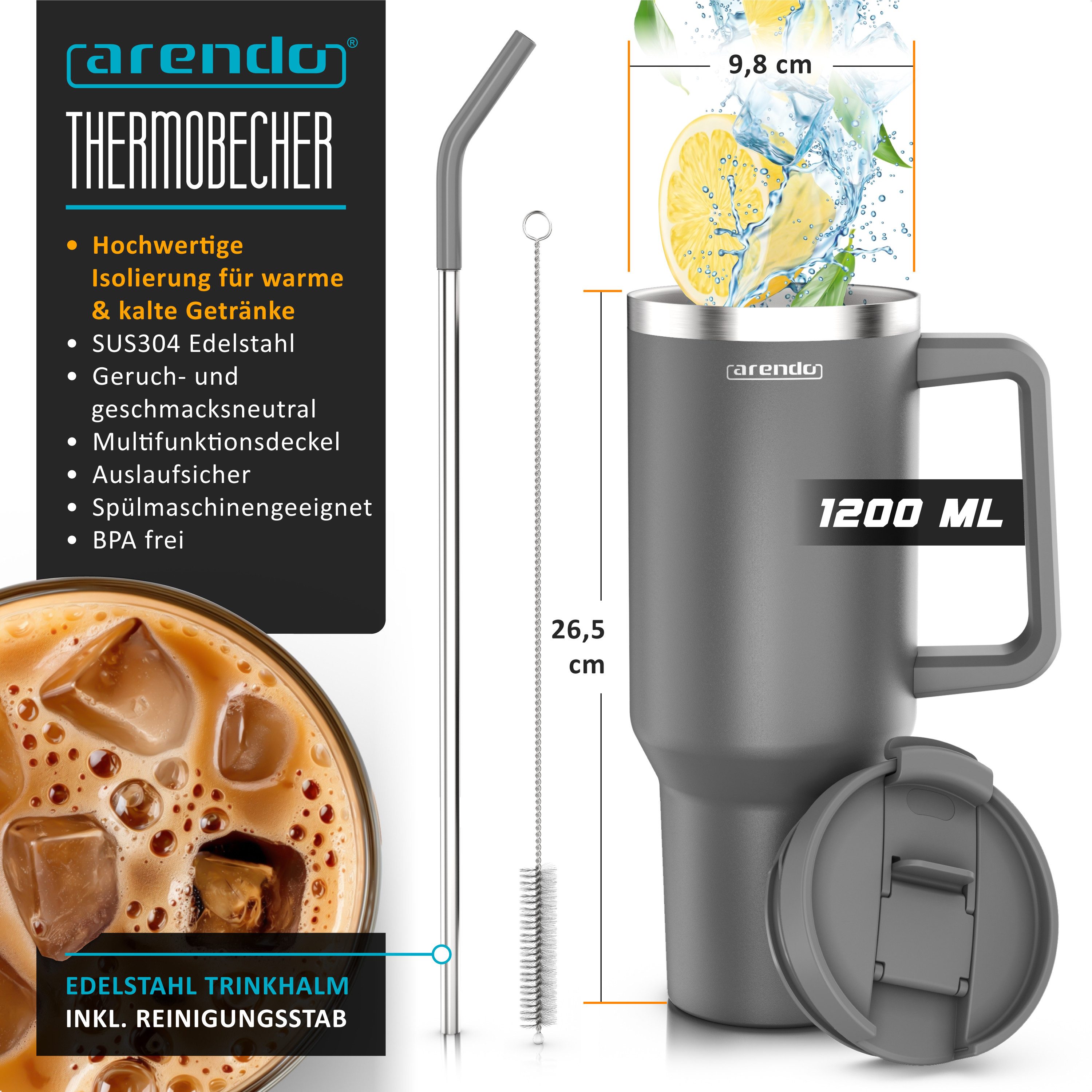 Arendo Thermobecher Tumbler 1200 ml, Becher mit Deckel, Henkel und Strohhalm, Thermal Mug, 1-tlg., Edelstahl, kohlensäuregeeignet, auslaufsicher, doppelwandig,  – Bild 2 von 5
