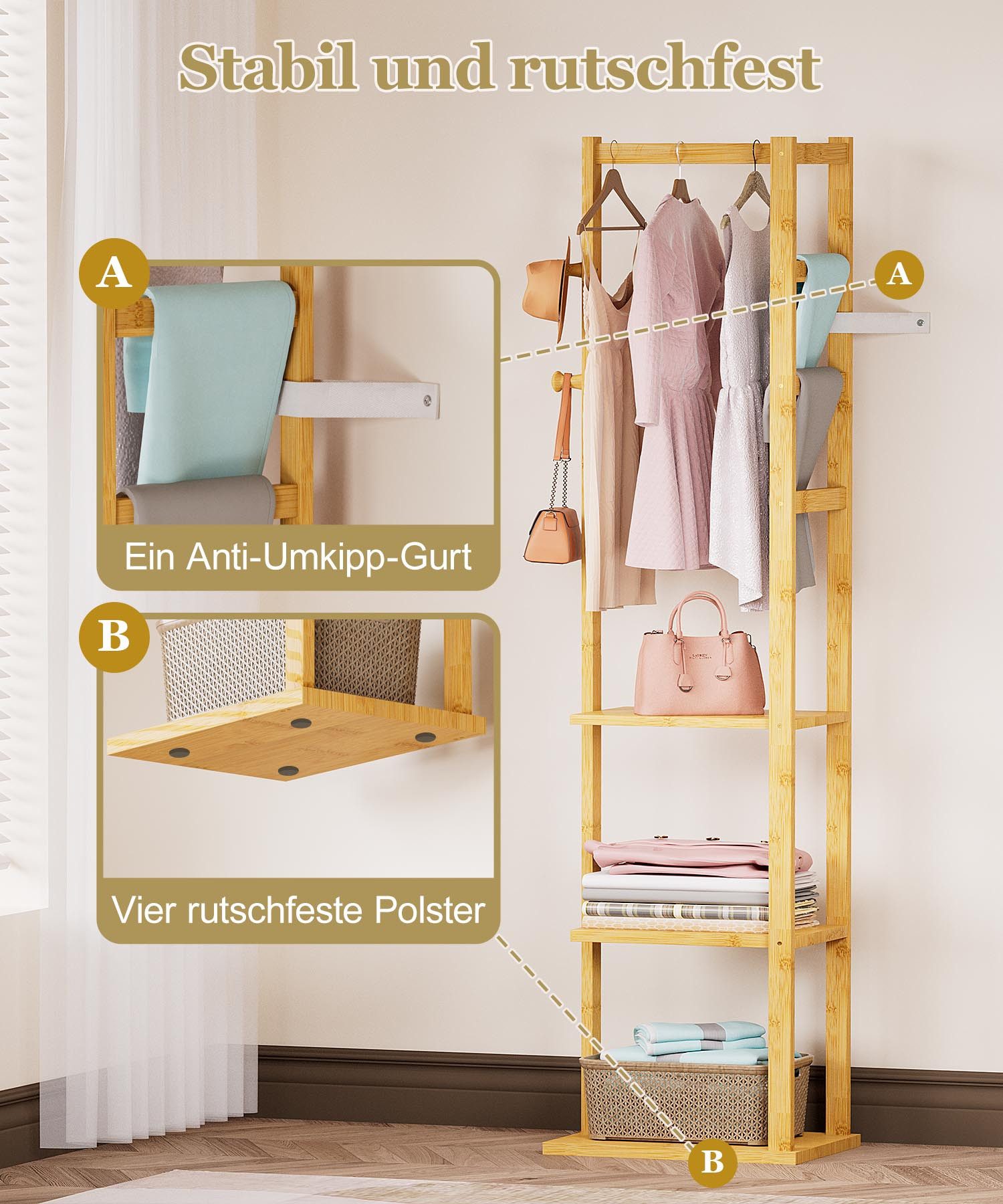Yorbay Kleiderständer Garderobenständer aus Bambus Garderobe mit Kleiderstange, 3 Ablagen,2 Haken für Kleidung, Hüte, Taschen, Flur – Bild 4 von 5