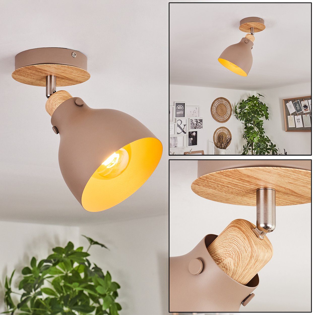 hofstein Deckenleuchte moderne Deckenlampe aus Metall in Taupe/Holzoptik, ohne Leuchtmittel, verstellbare Deckenleuchte Ø14,5cm, 1x E27, ohne Leuchtmittel