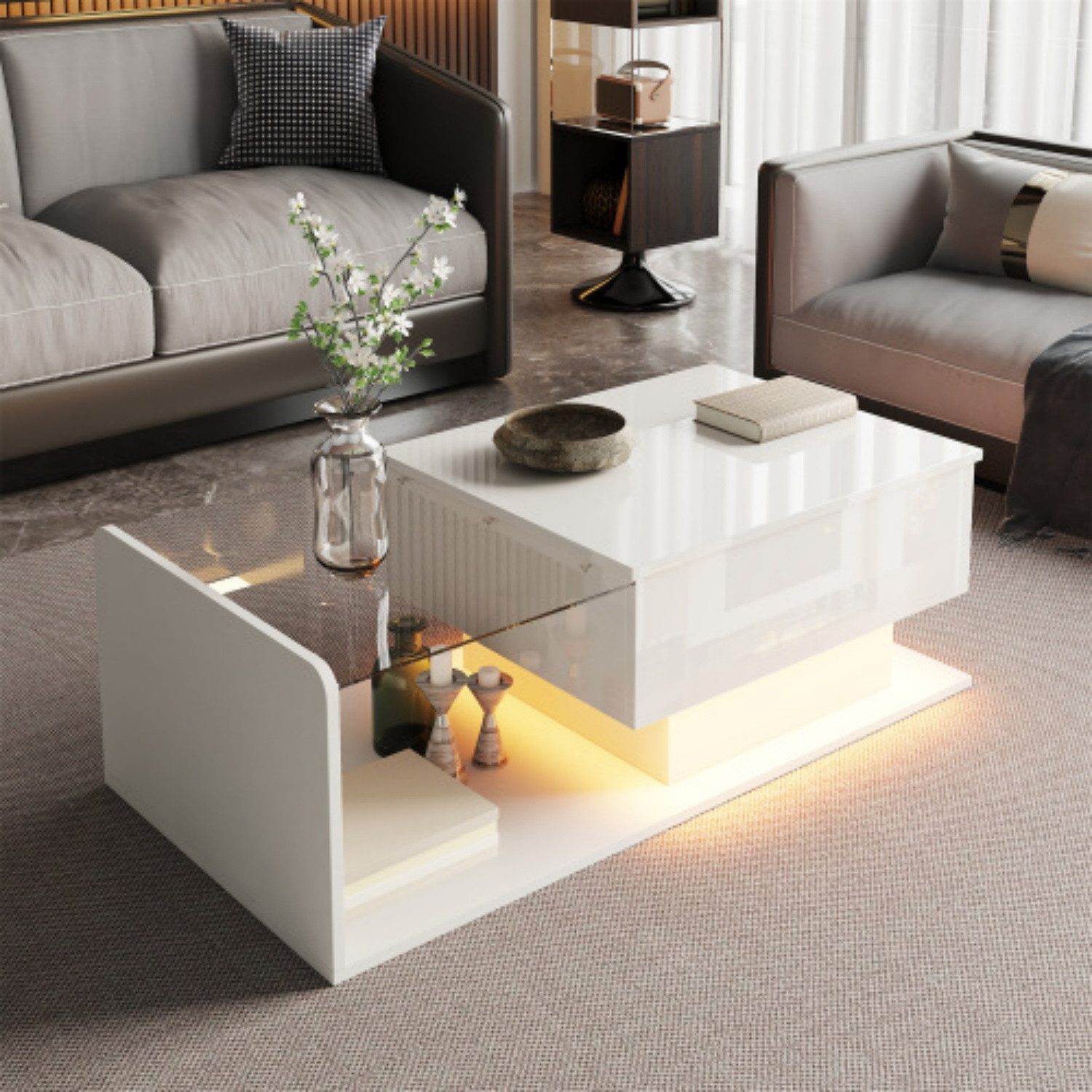 ANYSUN Couchtisch Glas-Couchtisch, höhenverstellbar, mit LED-Beleuchtung & Stauraum, Mit App-Steuerung, abgerundeten Ecken, Hochglanz, 100 x 50 cm