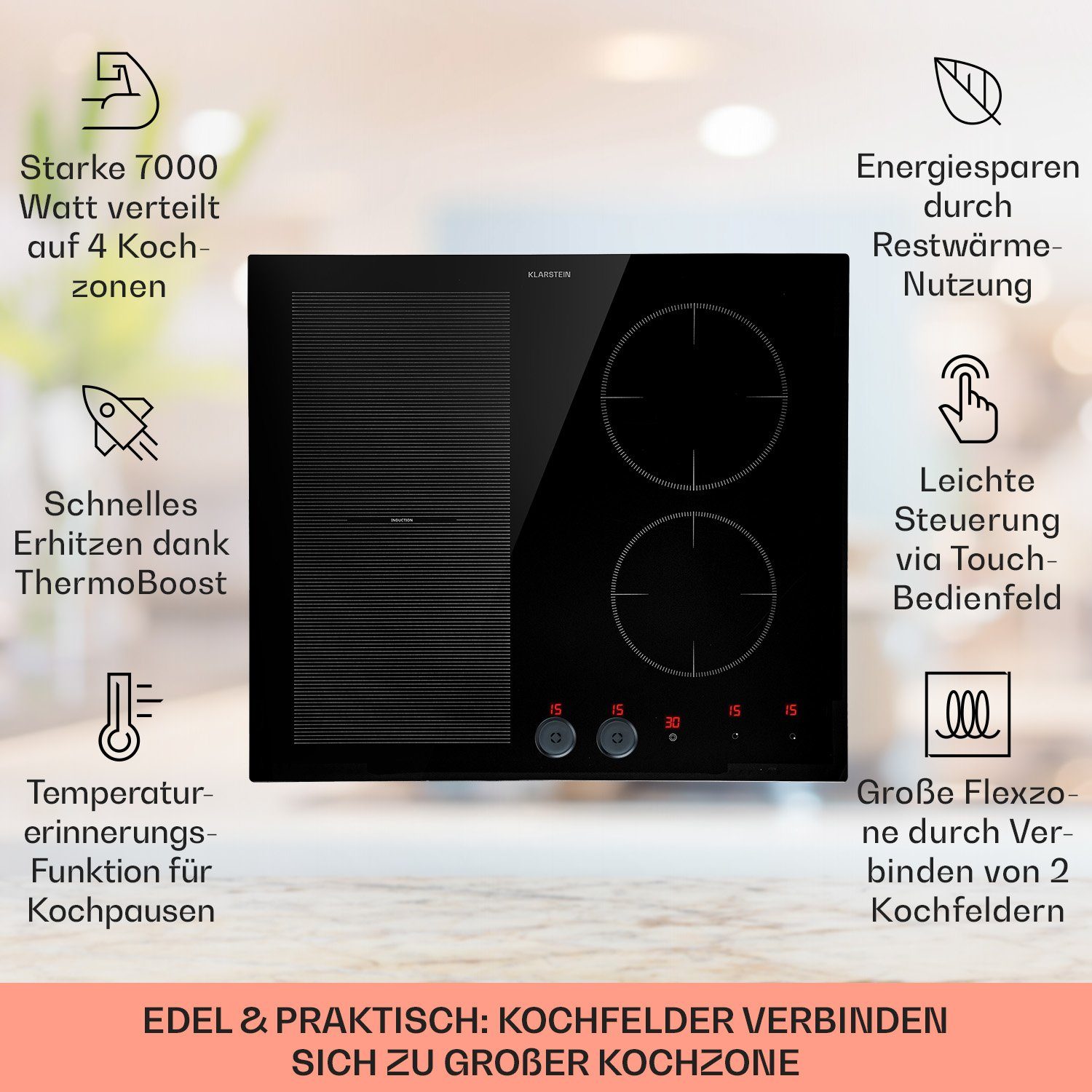Klarstein Induktions-Kochfeld MagniChef 4 Hybrid, Kochplatte 4 Platten Glaskeramik Kochfeld