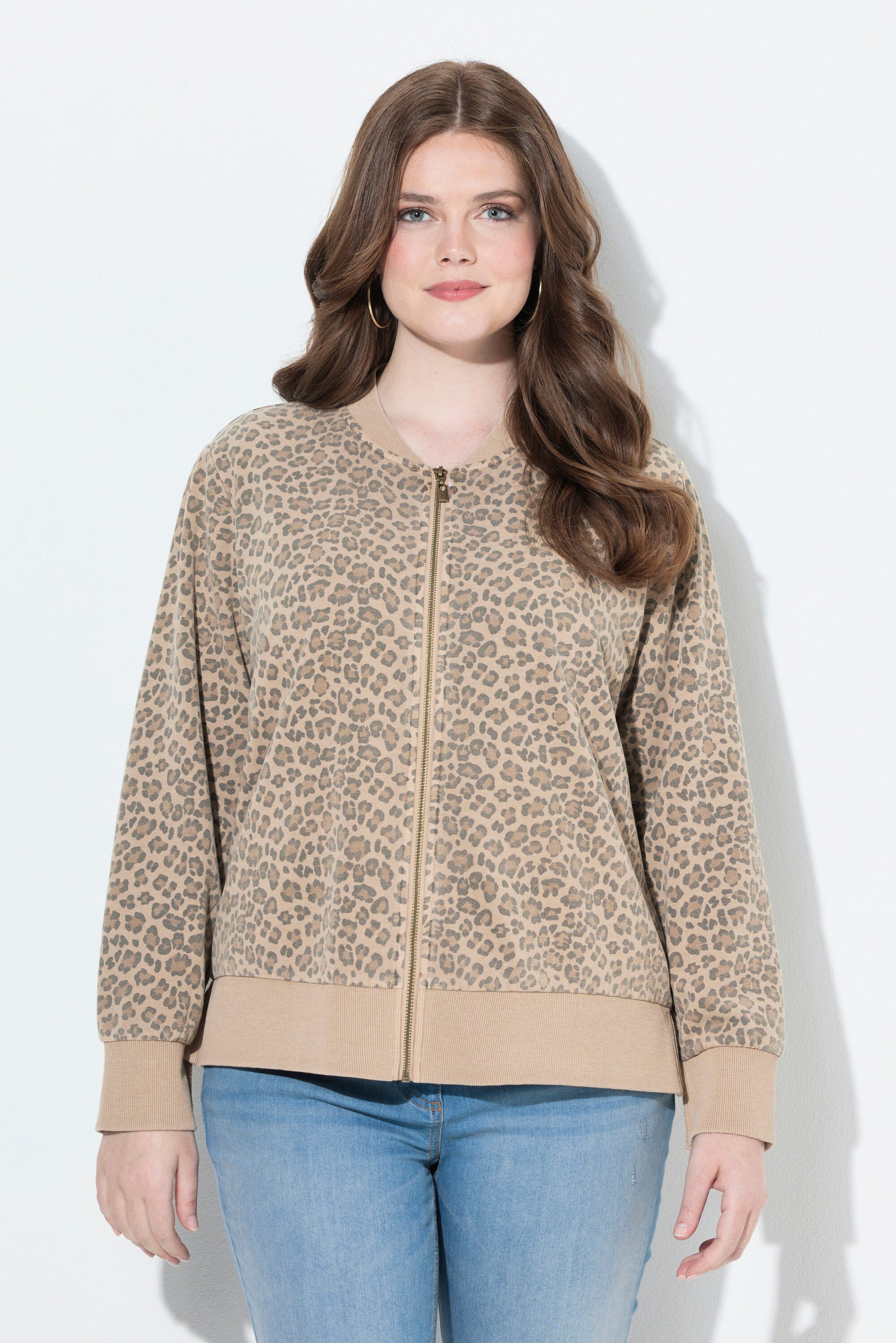 Ulla Popken Sweatjacke Sweatjacke Leomuster Rundhals Knopfleiste Langarm günstig online kaufen