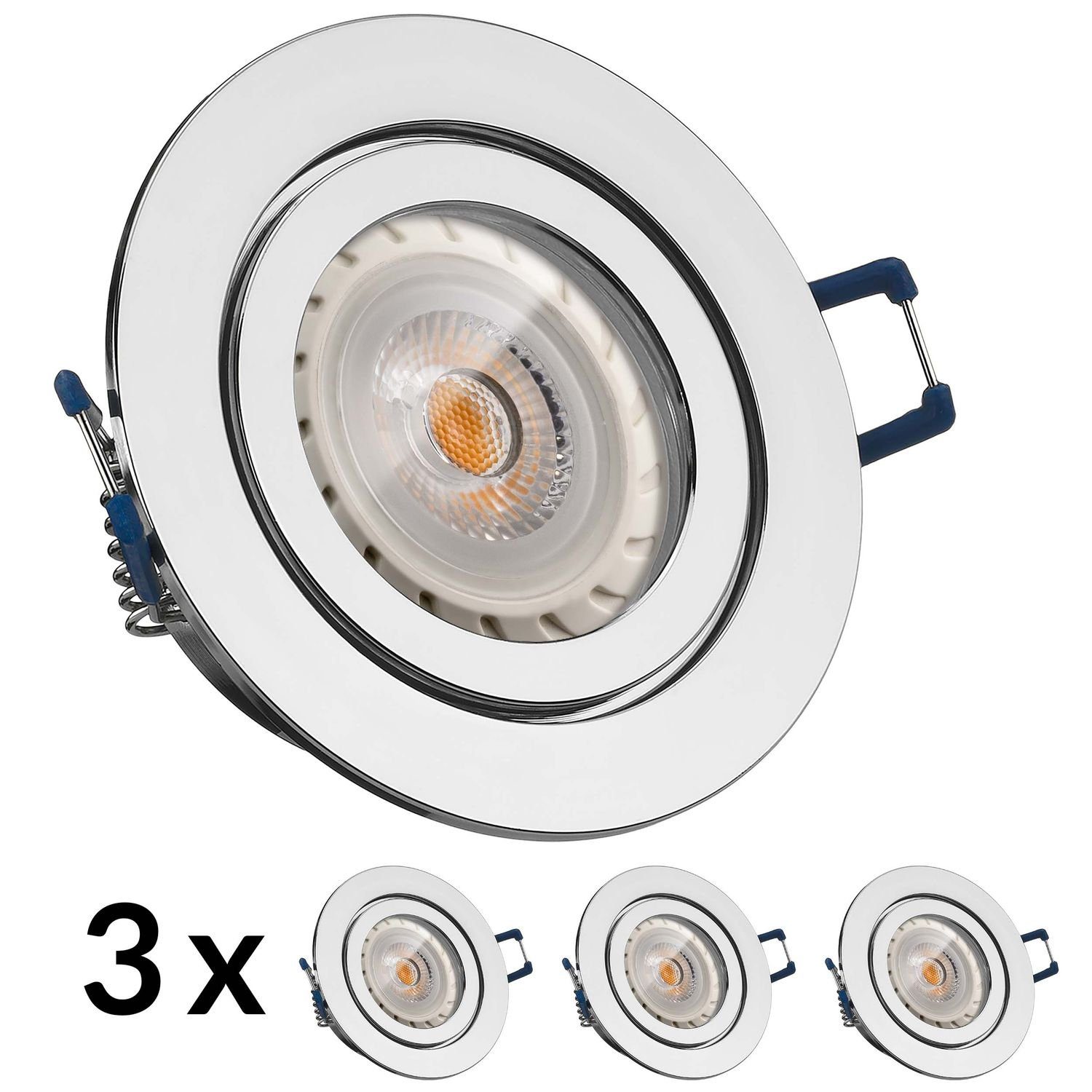 LEDANDO LED Einbaustrahler 3er IP44 LED Einbaustrahler Set Chrom mit LED GU10 Markenstrahler von