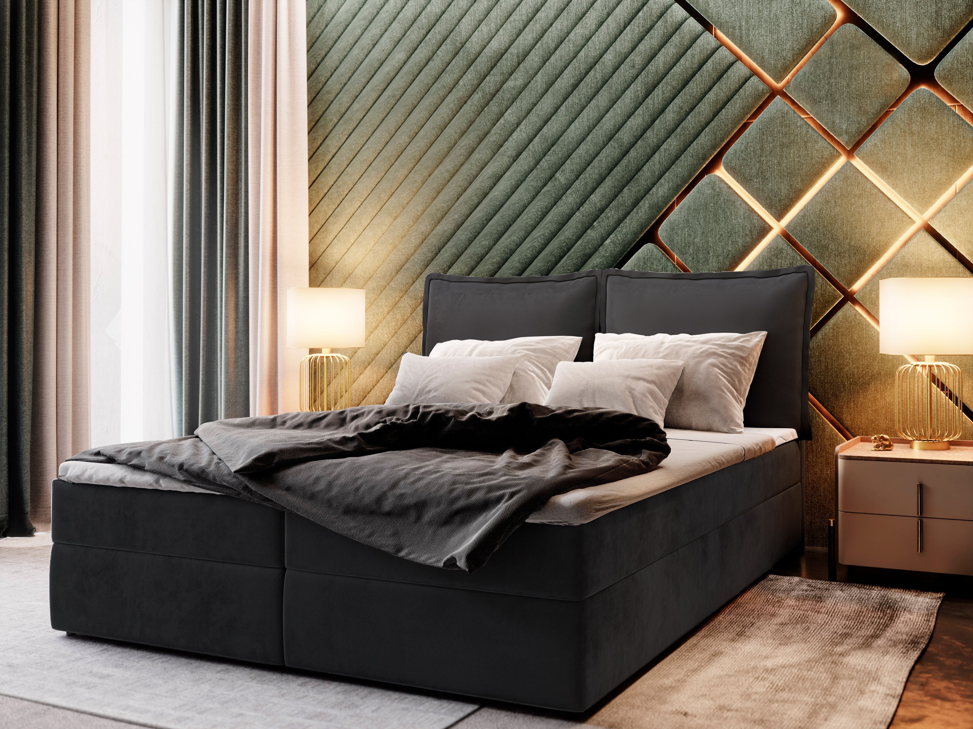 Masseno Boxbett LENTE 160x200 cm mit Bonell Matratze und Topper, Doppelbett, Polsterbett mit Kopfteil, Boxspringbett