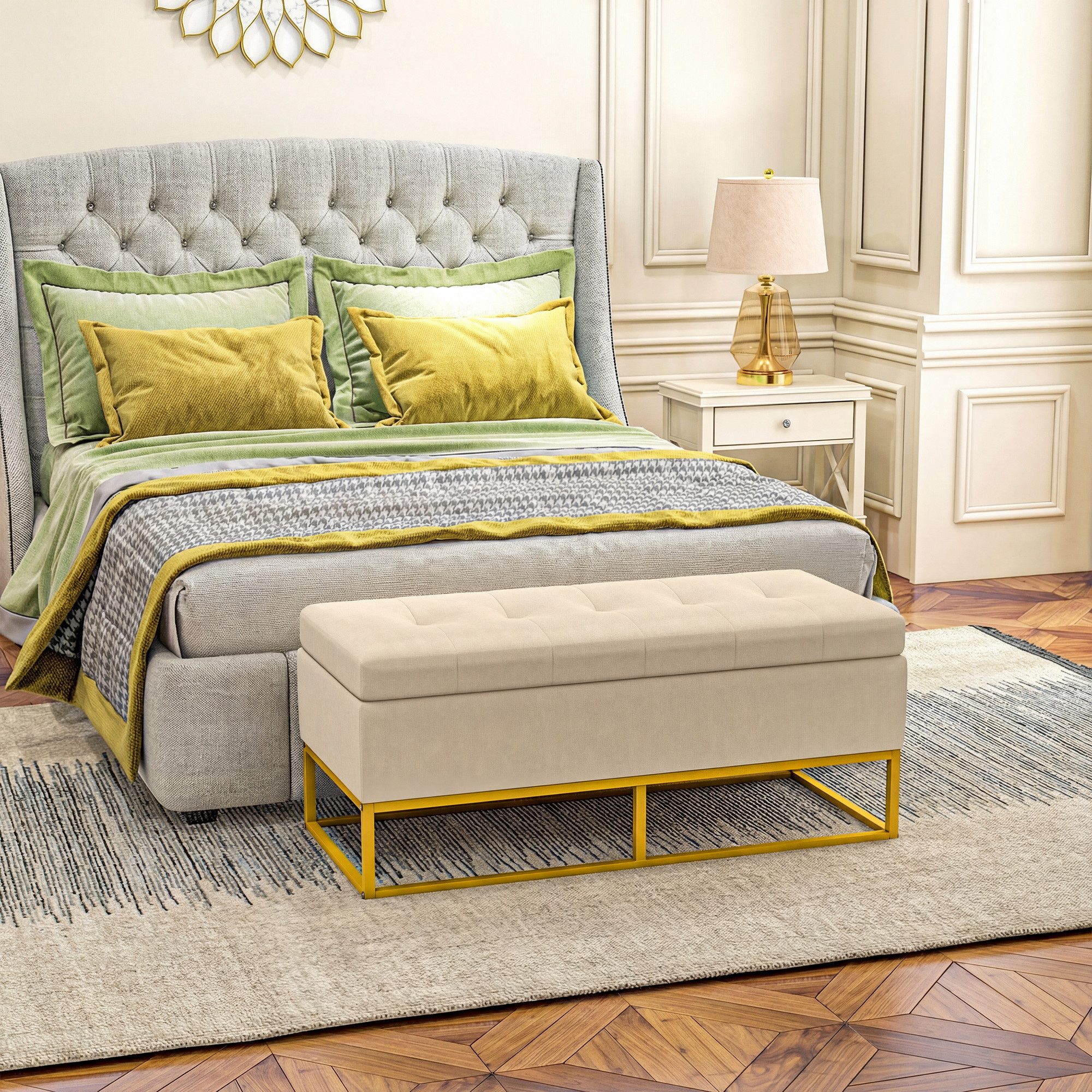 HOMCOM Sitzbank Bettbank, Truhenbank mit Stahlbeine, Samtoptik, für Wohnzimmer (Aufbewahrungsbank, 1-St., Lagerbank), Beige, 110 x 44 x 49 cm