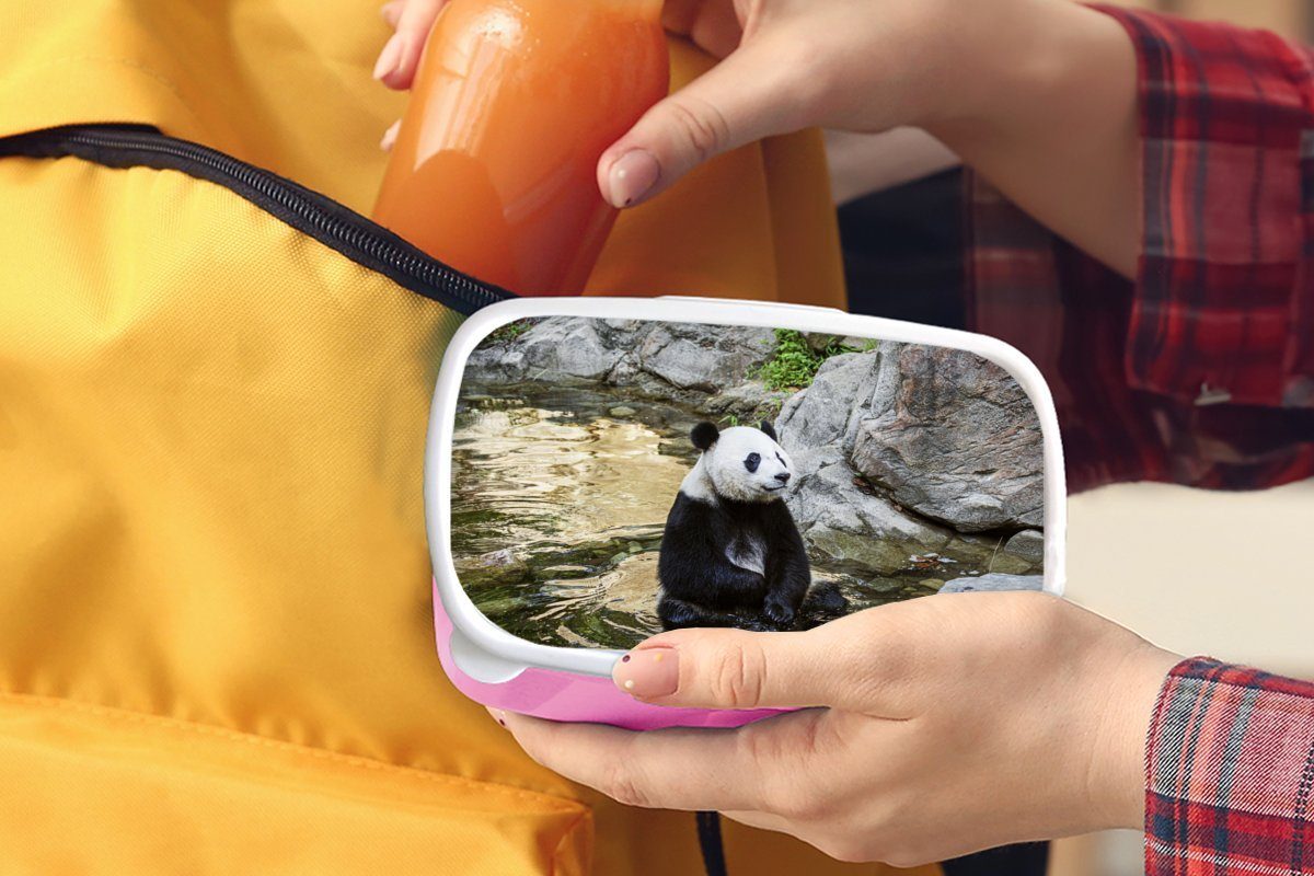MuchoWow Fluss Kunststoff, Kunststoff (2-tlg), Kinder, Mädchen, Stein, Snackbox, - für Brotbox Panda - Brotdose rosa Lunchbox Erwachsene,