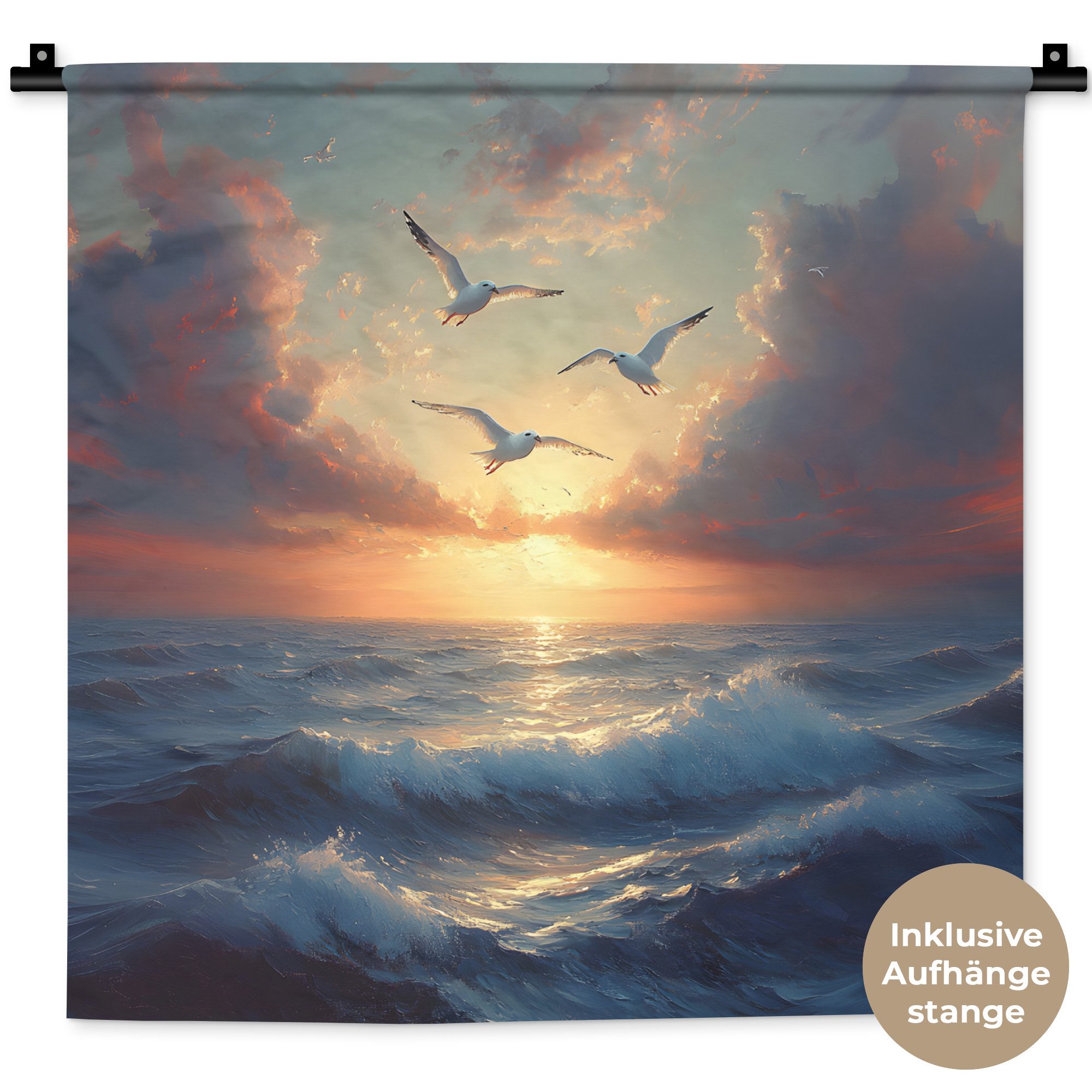 MuchoWow Wandteppich Möwen - Sonnenuntergang - Meer - Wolken, Quadratisch, Höhe: 3 mm, Wand Teppich, Deko für an den Wand, 60x60 cm
