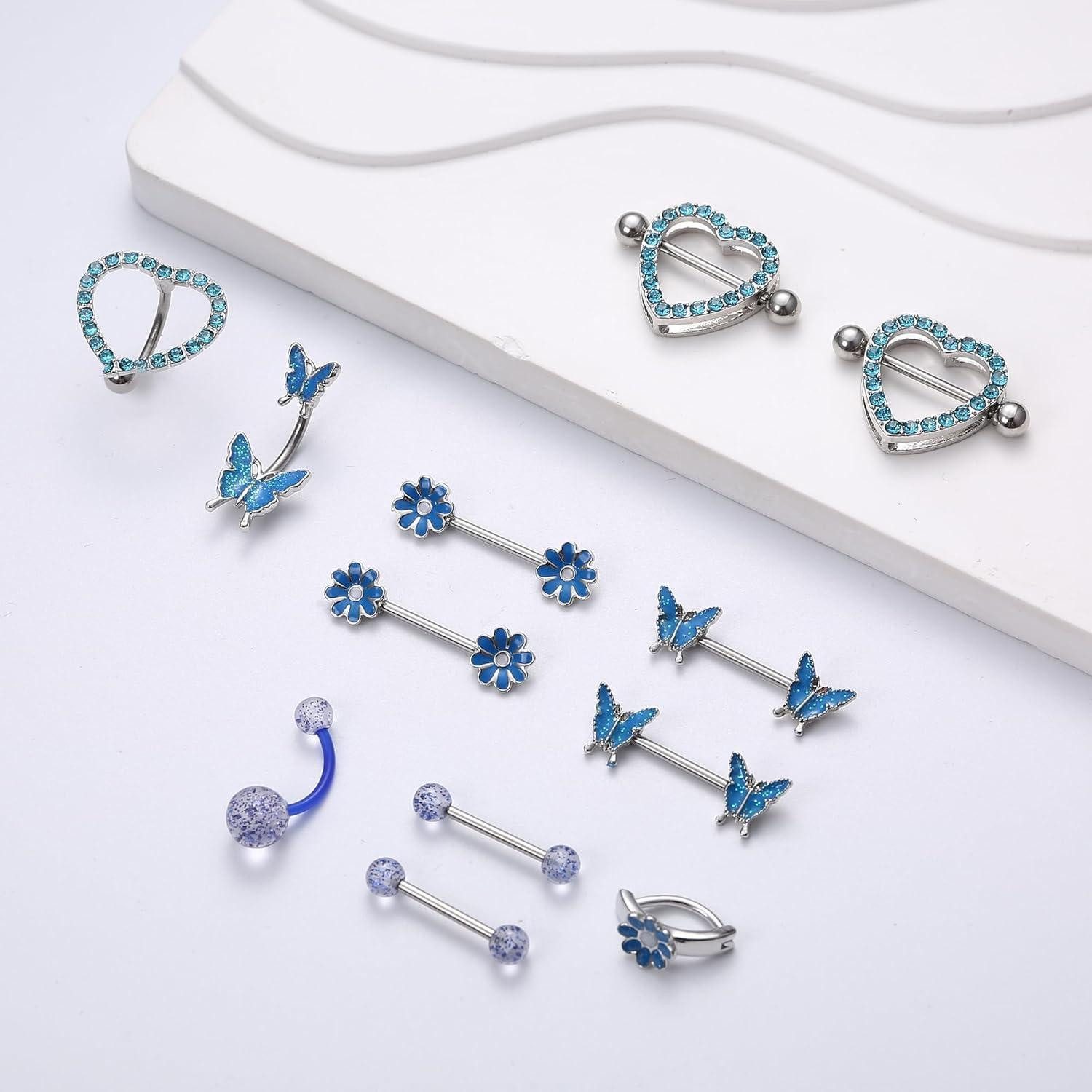 Kakonia Piercing-Set Nippelpiercing und Bauchnabelpiercing Set 14G Chirurgenstahl Frauen