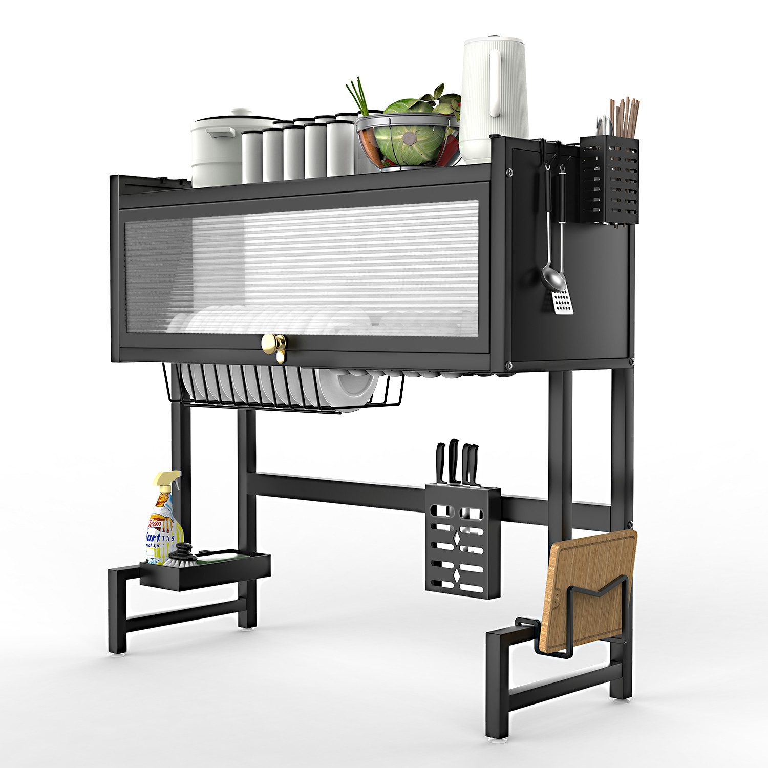 WILGOON Geschirrständer Abtropfständer über der Spüle 85cm 3-stufiges Abtropfgestell Dish Rack, Küchen-Organizer mit Schranktür, Utensilienhalter, Hakenes, Stahl