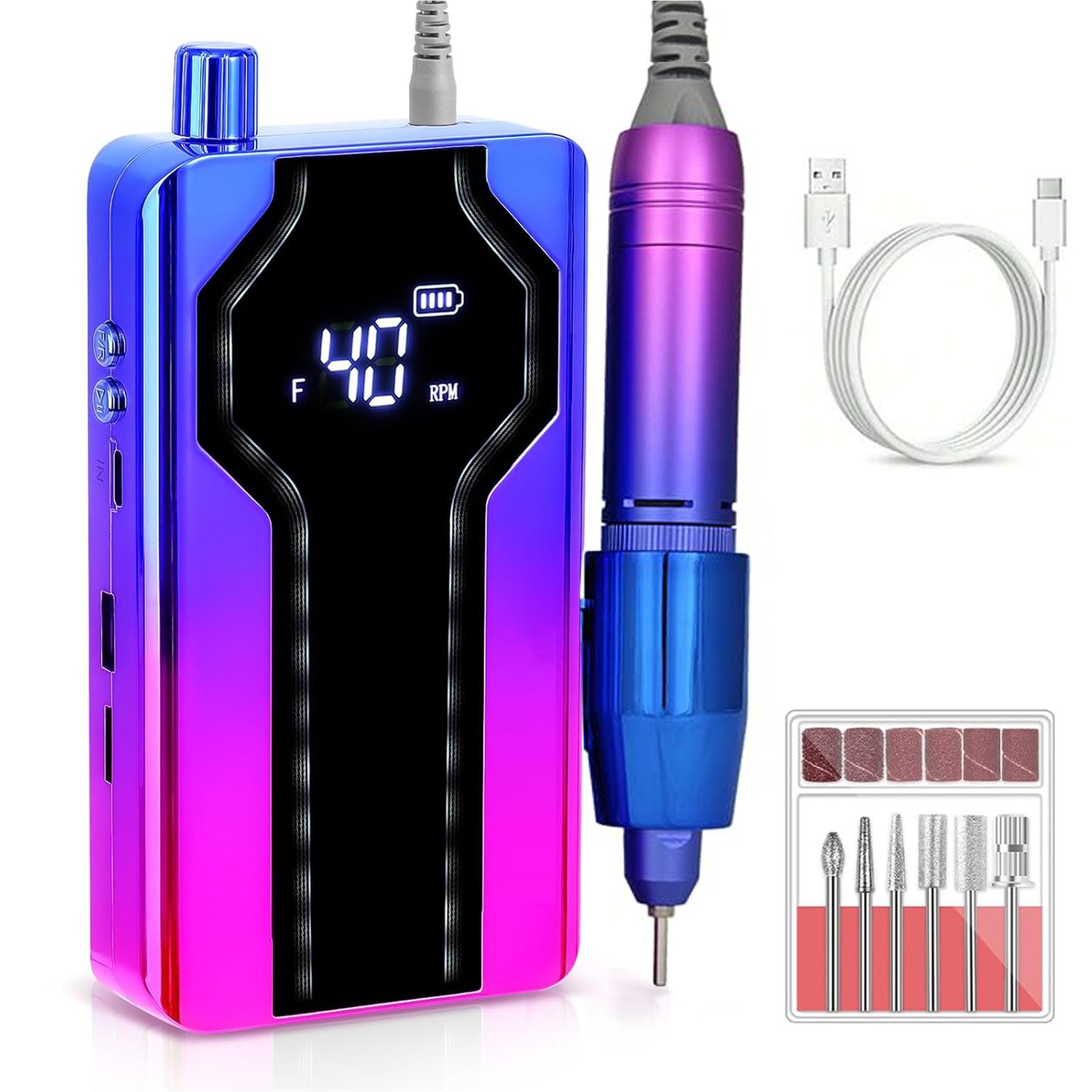 Senmudi Maniküre-Pediküre-Set Elektrische Nagelfeile,Nagelfräser für Gelnägel &Acrynägel 40000 U/min, mit Akku Fräser Set mit LED-Display, 6 Bits Geeignet für Nagelstudio und DIY