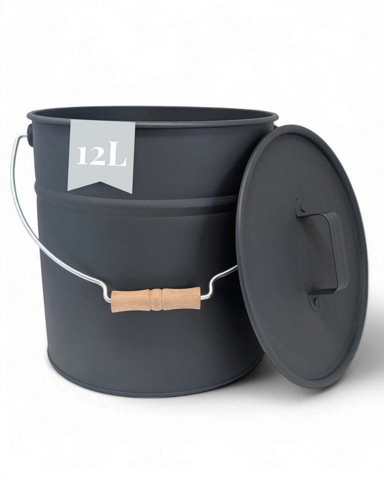 LIVLIG Aschekasten Ascheeimer mit Deckel, Metalleimer, 12L, Matte Pulverbeschichtung, Made in Europe, Deckel mit Holzgriff