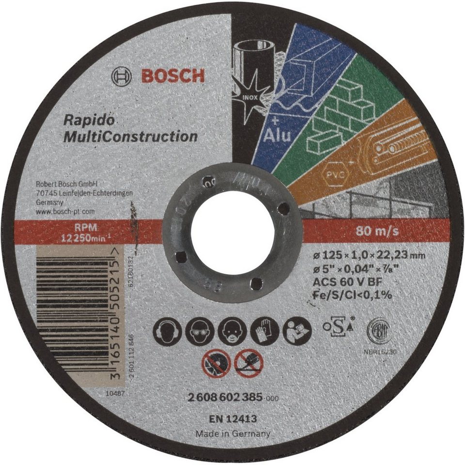 BOSCH Trennscheibe Trennscheibe gerade Rapido Multi Construction125,  Geschwindigkeit: Max. 12.250 U/min (80 m/s)