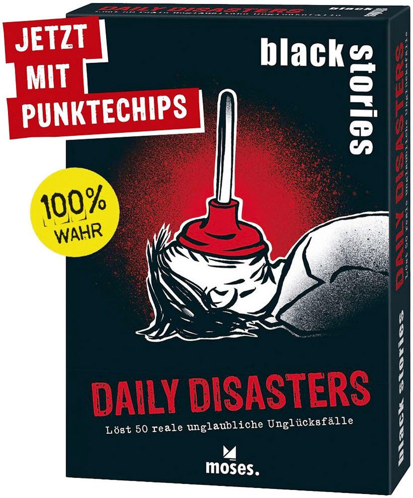 Moses. Verlag Spiel Black Stories Daily Disasters, Familienspiel, Made in Europe