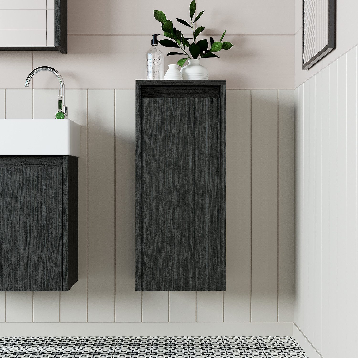 Roomart Badmöbel-Set MINI 50 hängend, 25 cm tief, Soft-Close, Keramikbecken in 5 Farben, (Komplett-Set für Badezimmer, Gäste WC, Unterschrank mit Waschbecken, Seitenschrank, Spiegelschrank), Soft-Close, Wandmontage, Keramikbecken inkl., 5 Farben, 25 cm tief