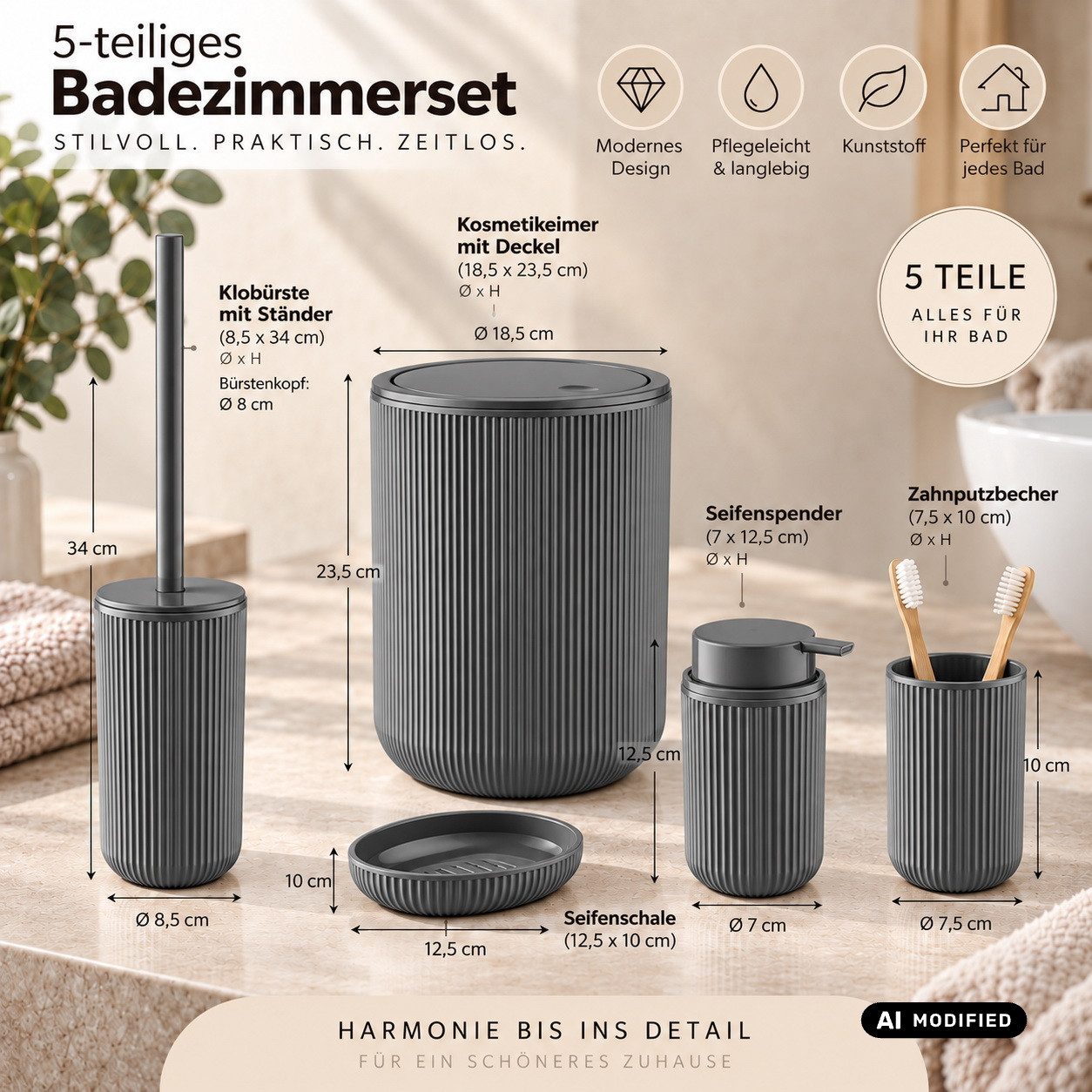 axentia Badaccessoire-Set Bad-Set Badezimmerset Badezimmer-Ausstattung, 5-teiliges Badset, Kosmetikeimer Seifenschale Seifenspender WC-Bürste Zahnputzbecher – Bild 5 von 5