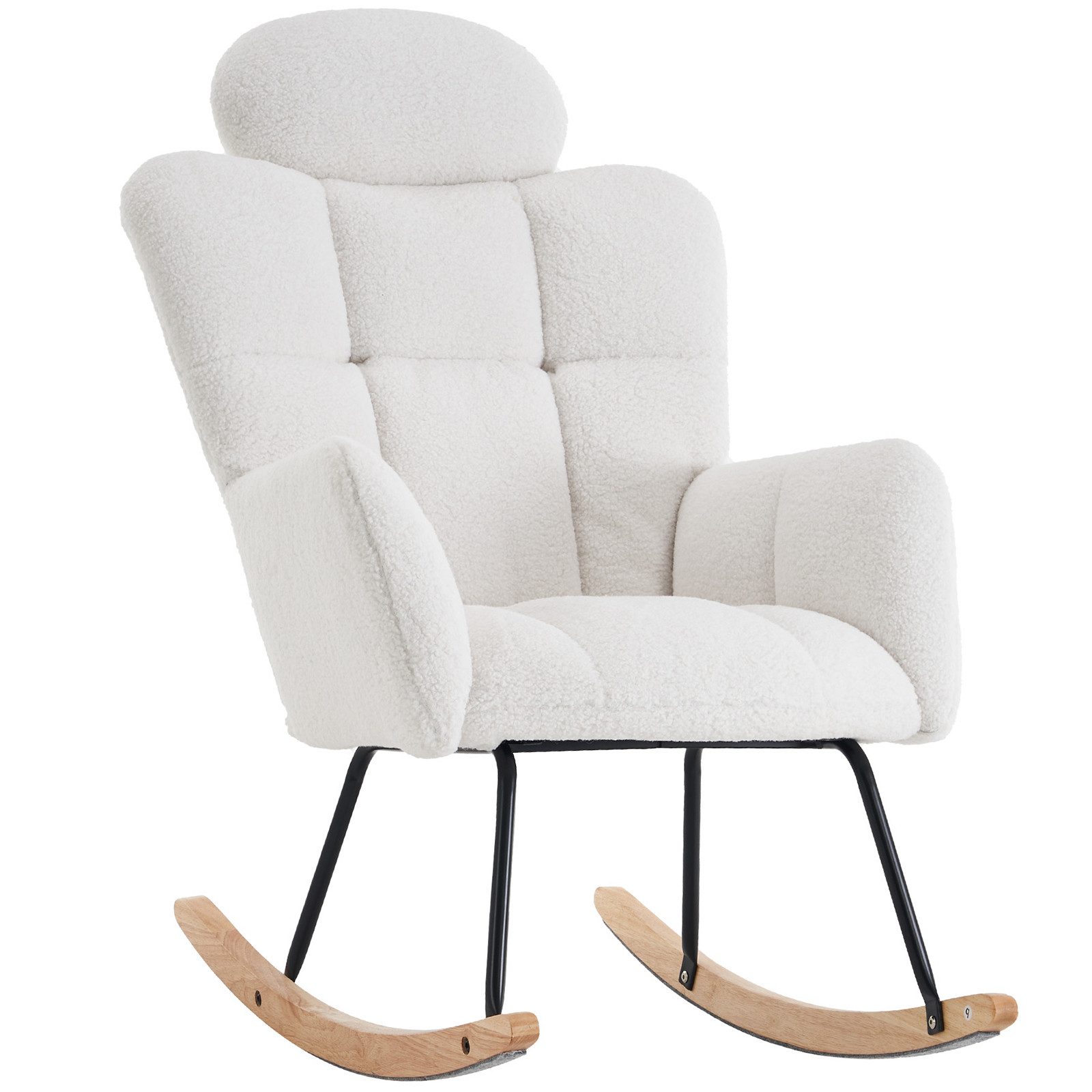 Yorbay Schaukelsessel Relaxsessel (mit Teddy-Stoffbezug), Schaukelstuhl mit Kopfstütze und Bodenschutz