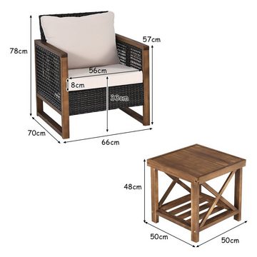 COSTWAY Balkonset, 3-tlg, 2 Personen, Rattan, 2 Sessel mit Kissen & Tisch