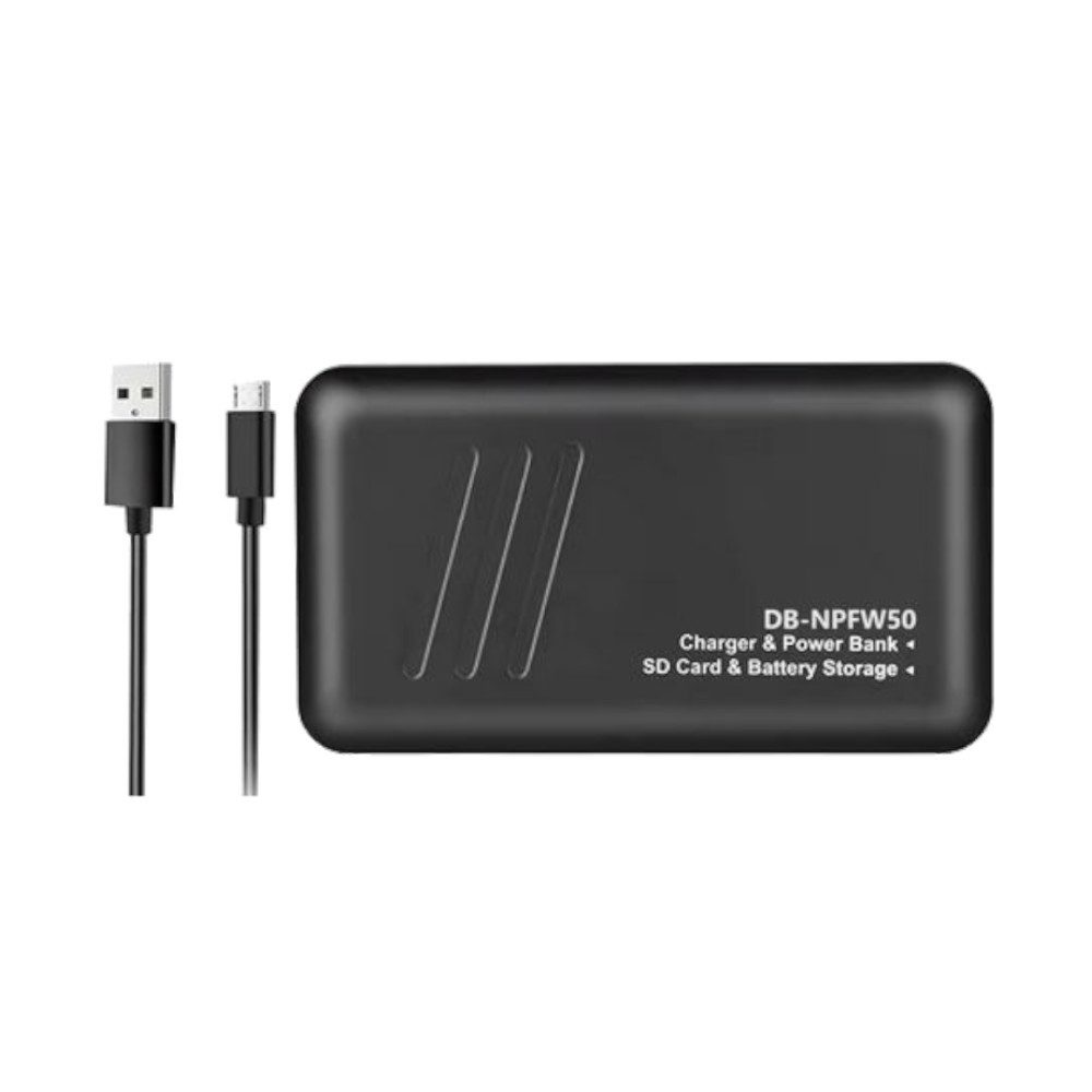 Trade-Shop Dual Lader mit Powerbank-Funktion für Sony Alpha 5100 6000 6100 6300 Kamera-Ladegerät (Anschluss über Micro-USB, USB-C oder USB-A / mit Speicherkarten-Slot)