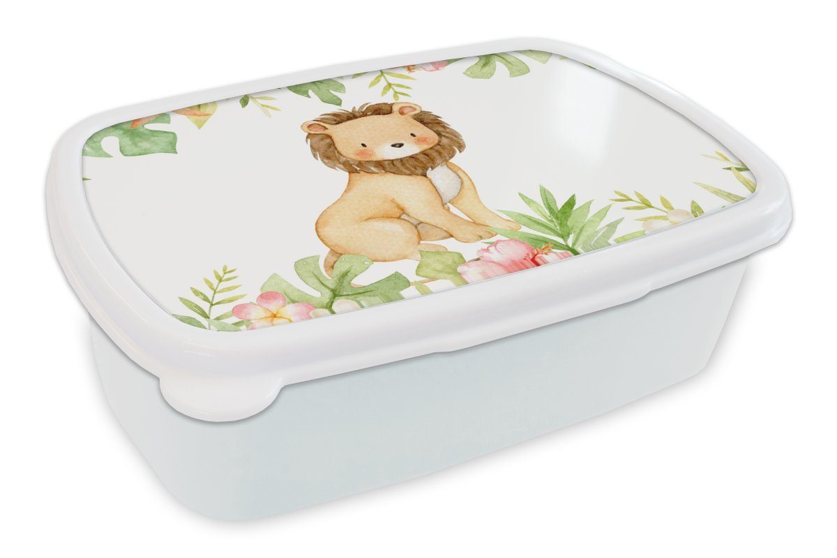 MuchoWow Lunchbox Löwe - Dschungel - Pflanzen - Blumen, Kunststoff, (2-tlg), Brotbox für Kinder und Erwachsene, Brotdose, für Jungs und Mädchen weiß