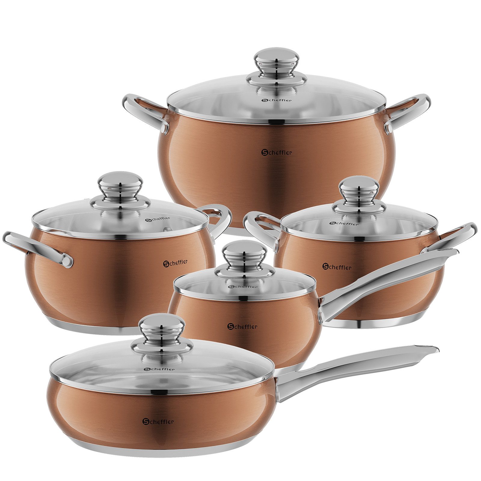 Scheffler Topf-Set 10tlg Edelstahl Topfsets für alle Herdarten, Edelstahl (3,38/2,0/2,8/4,0/6,7 Liter, für alle Herdarten), Induktion, robust und hochwertig