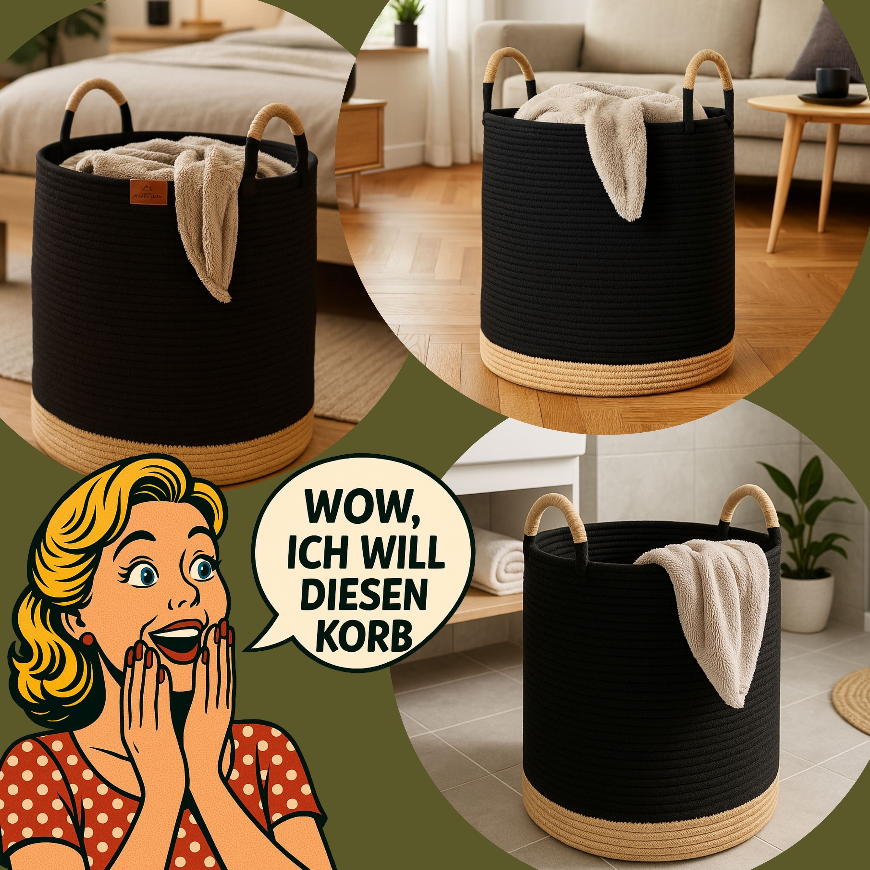 WIESEN.design Wäschekorb Großer Wäschekorb geflochten - Juna 80L - aus 100% Baumwollseil (Baumwollkorb, Laundry basket, Wäschekorb xxl, Wäschekorb rund, Korb fü – Bild 5 von 5
