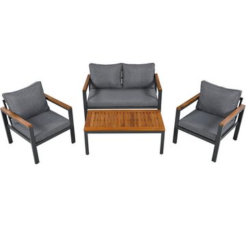 Tongtong Loungeset mit verzinktem Stahl Rahmen, Akazienholz Tischplatte und Armlehnen, (4-teiliges Esstisch-Set, 1x 2-Sitzer-Sofa, 2x Einzelstühle, 1x Tisch), Grau